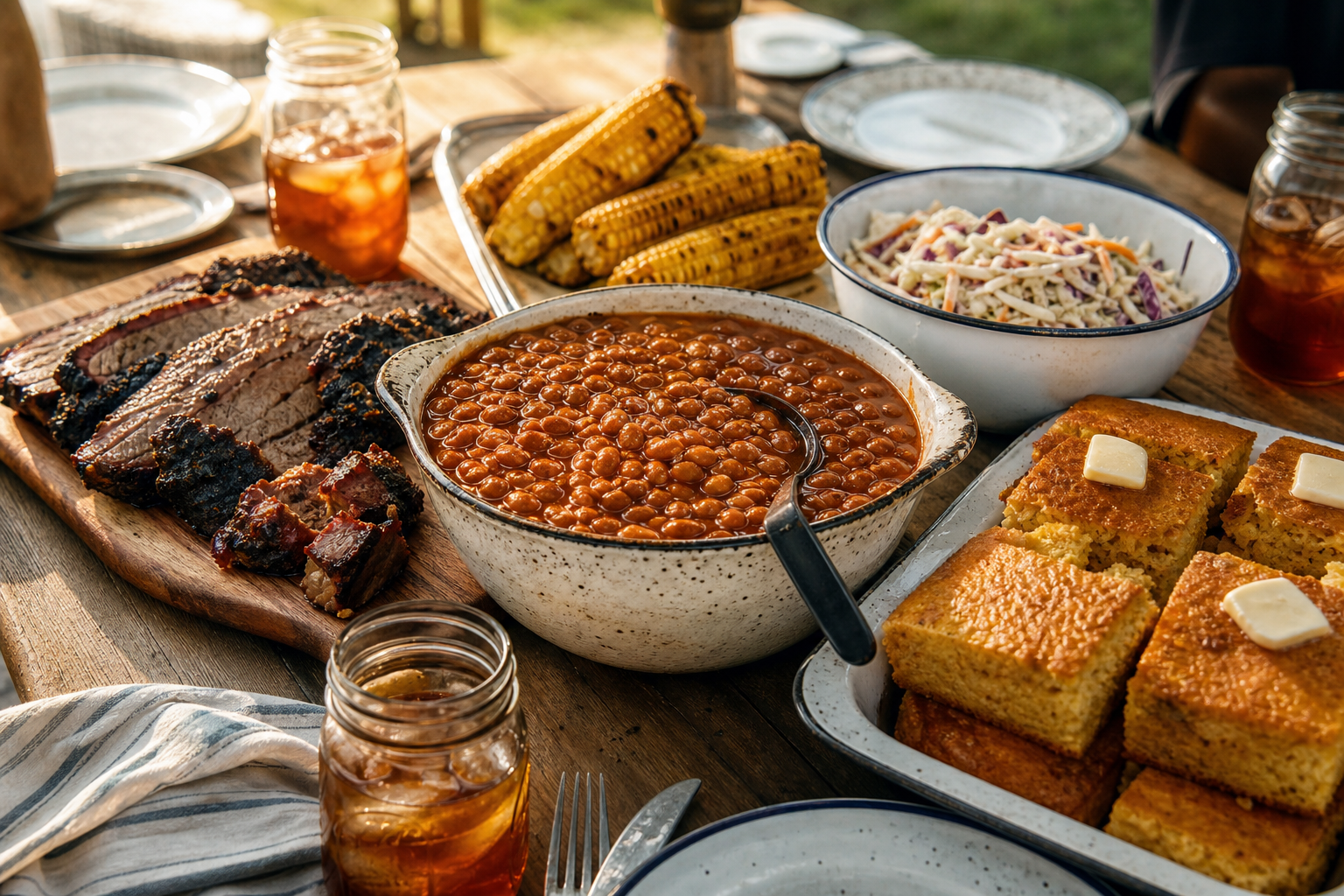 Outdoor BBQ spread with smoked baked beans alongside brisket, corn, coleslaw, and cornbread