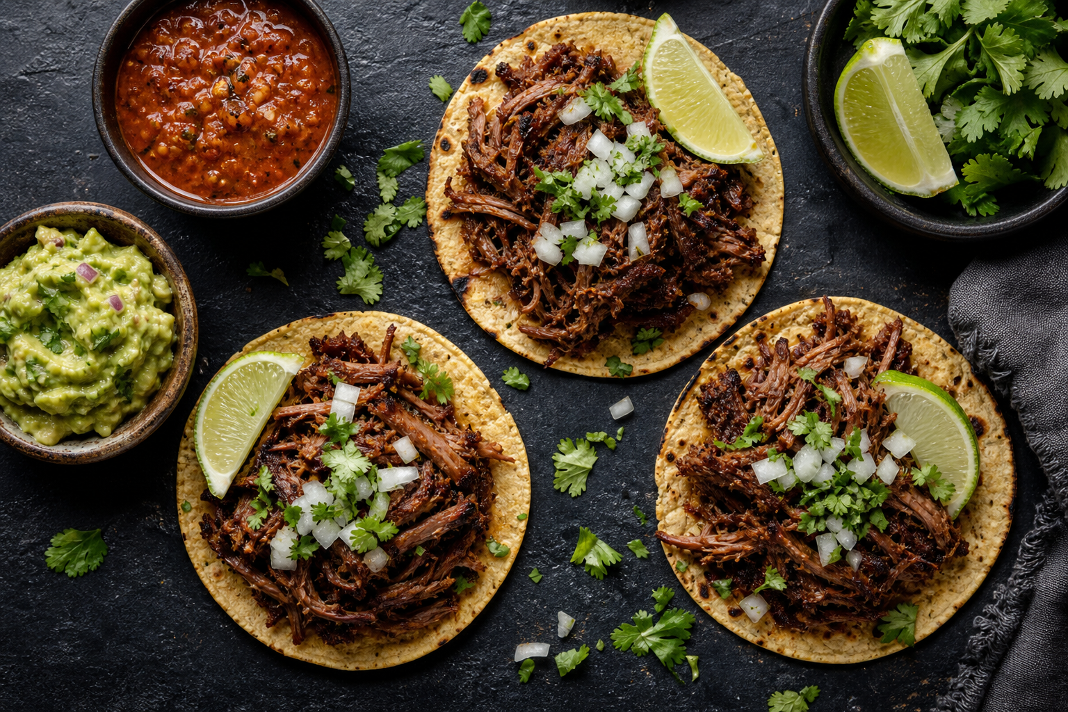 Overhead view of smoked barbacoa tacos on corn tortillas with cilantro, onion, lime, and salsa