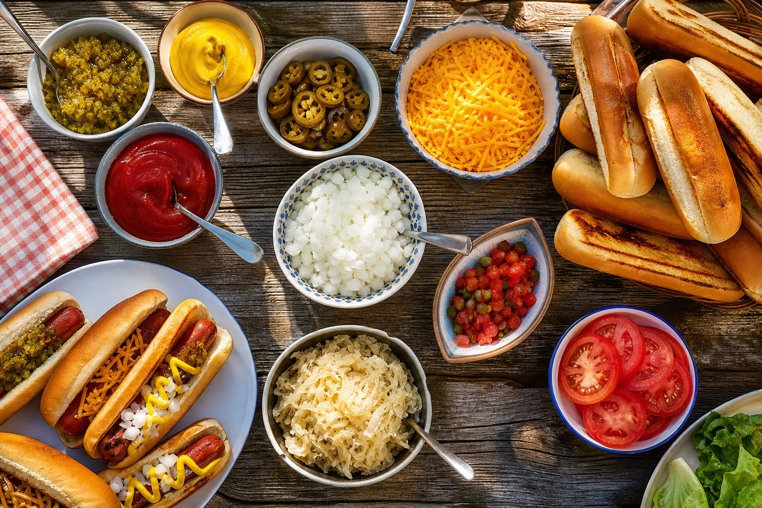 How to Smoke Hot Dogs for a Cheap Backyard Cookout 12 Colorful hot dog topping bar with assorted condiments and garnishes arranged on a picnic table