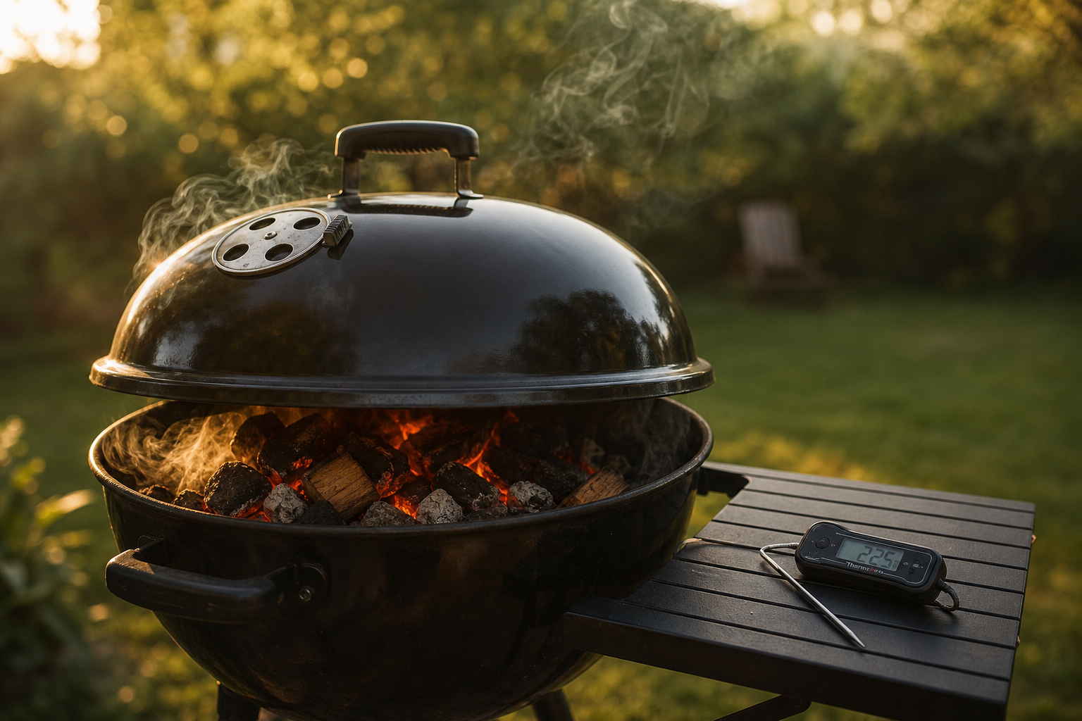 Outdoor charcoal smoker with smoke rising and glowing coals visible inside