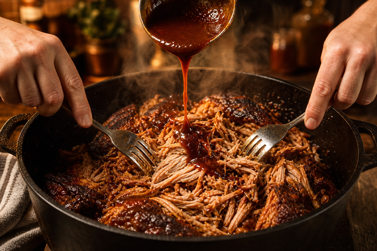 Hands shredding slow-cooked pulled pork in a cast iron pot with BBQ sauce