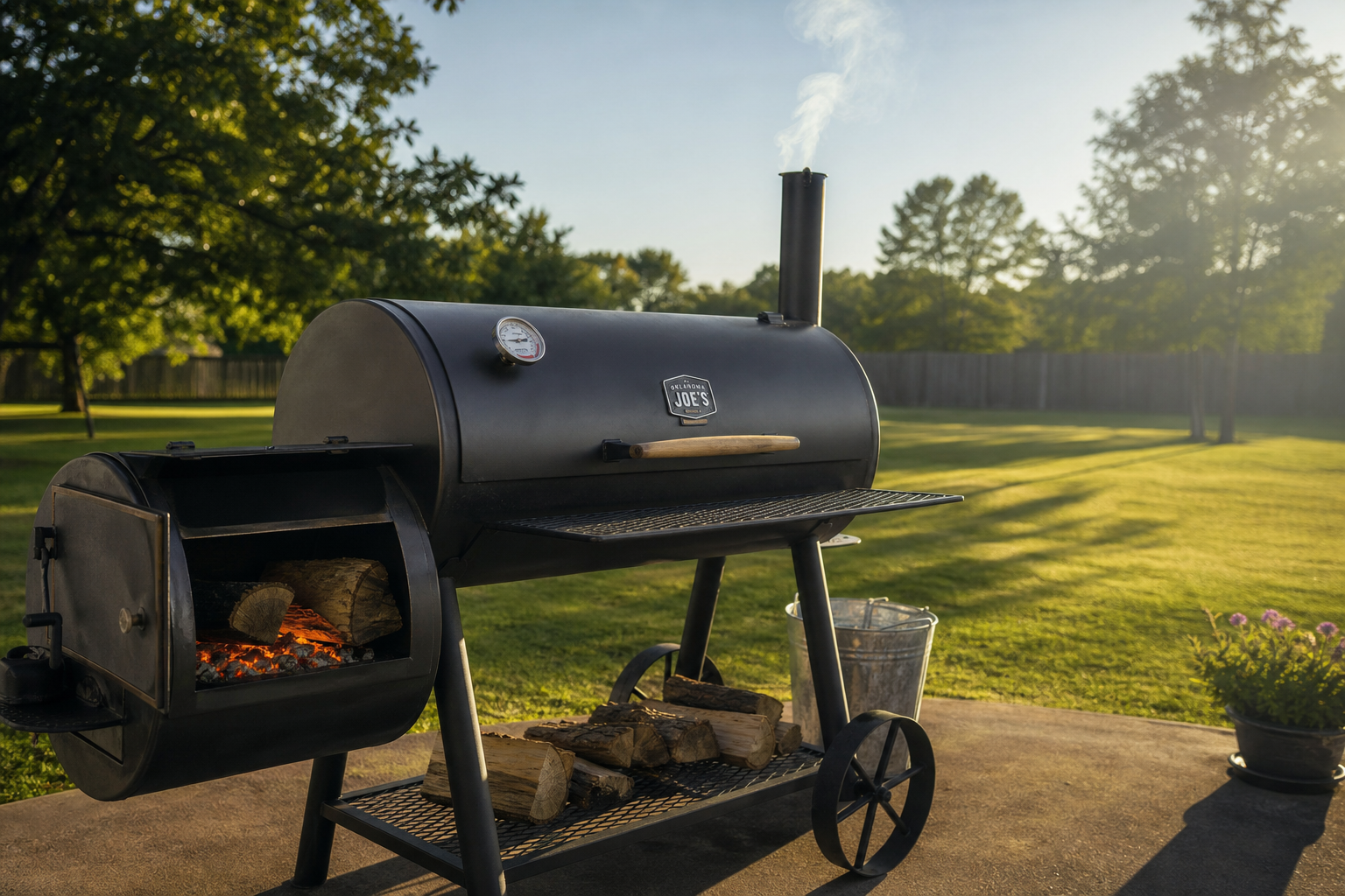 Offset smoker with thin blue smoke rising from the chimney in a backyard setting