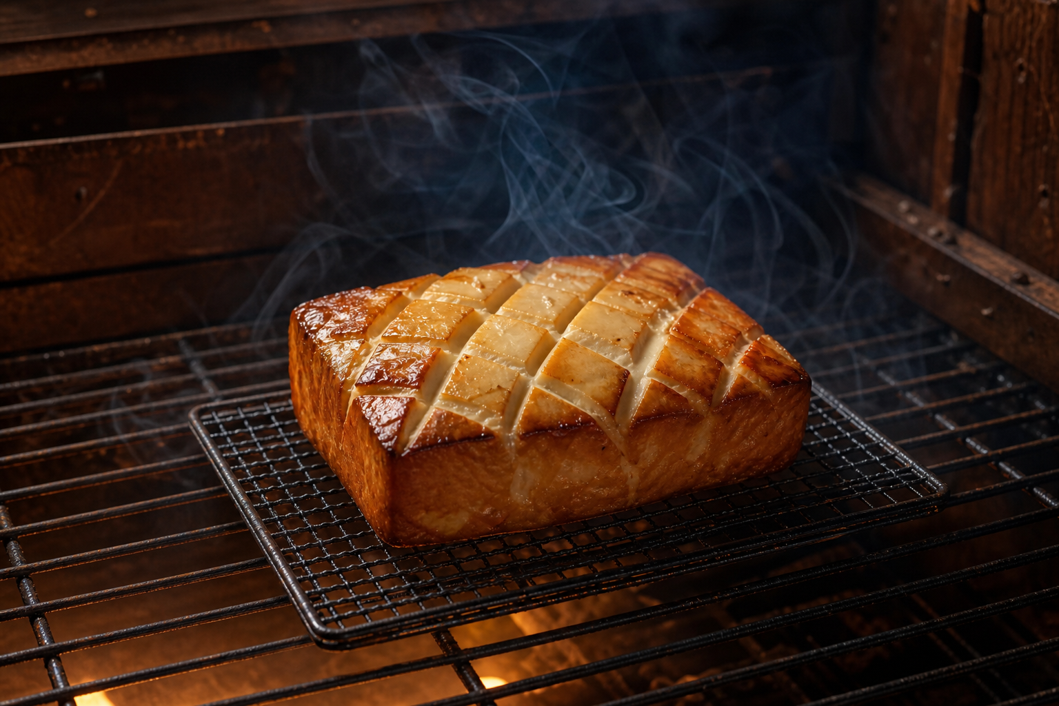 A scored cream cheese block smoking on a wire rack inside a smoker surrounded by wisps of blue smoke