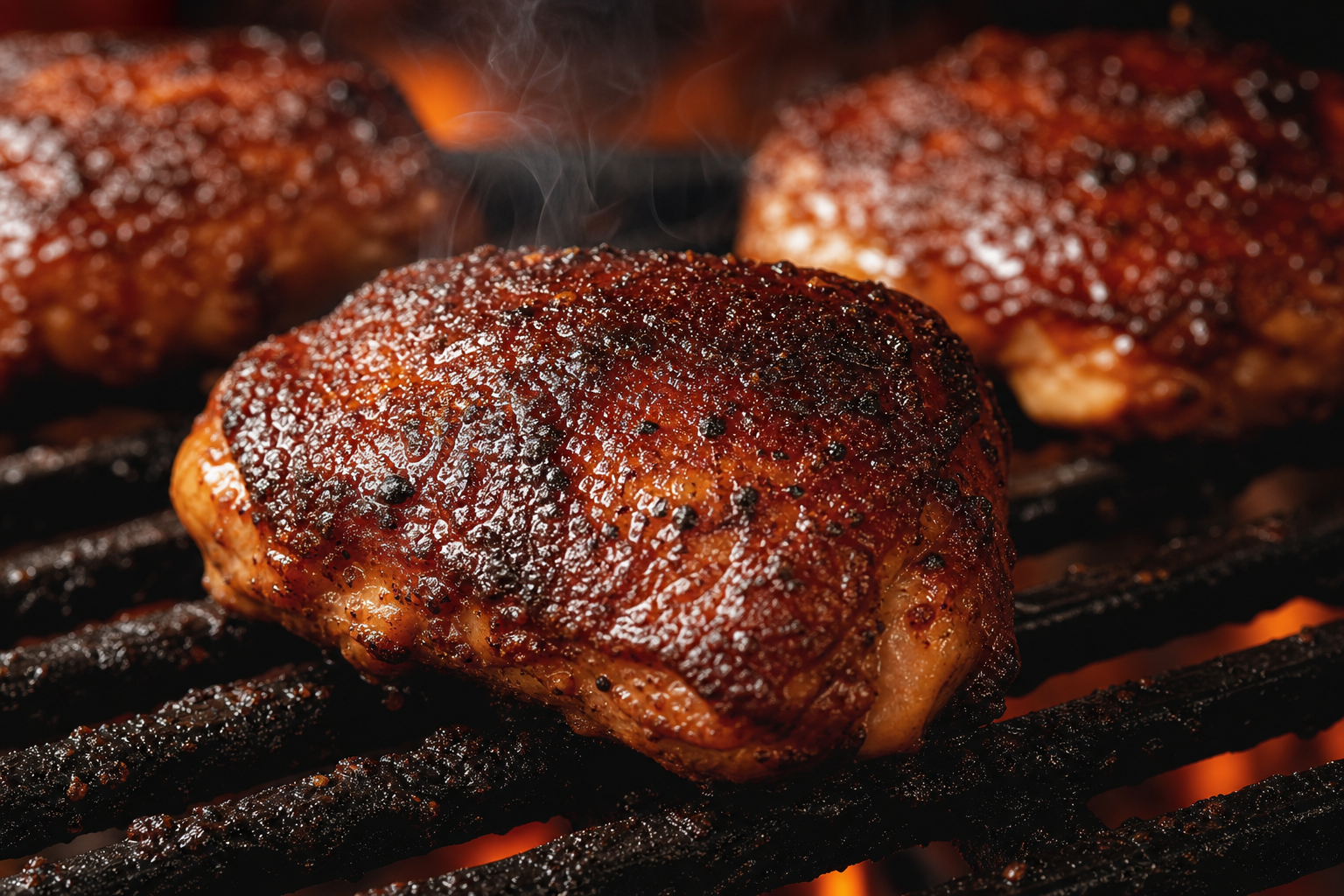 The Best Smoked Chicken Thighs (Cheap and Crispy) 14 Crispy smoked chicken thighs with caramelized skin resting on a cast iron grill grate