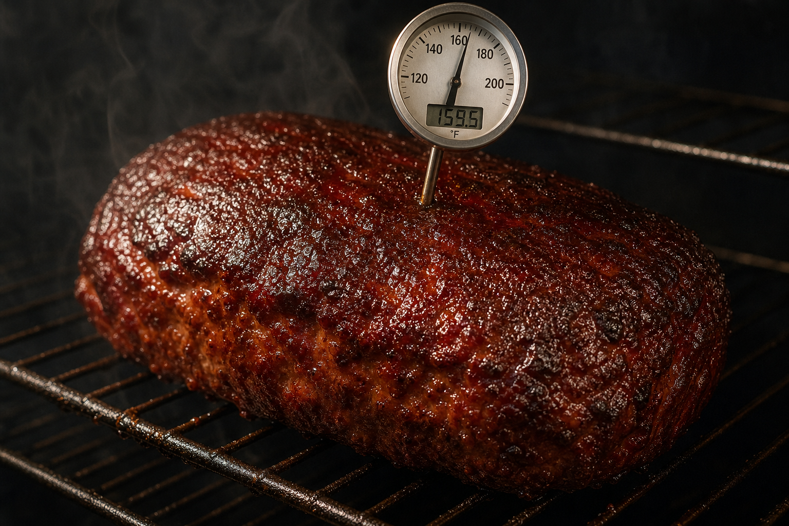 Smoked Meatloaf From Budget Ground Beef 13 Glazed smoked meatloaf on a smoker rack with a meat thermometer inserted showing internal temperature