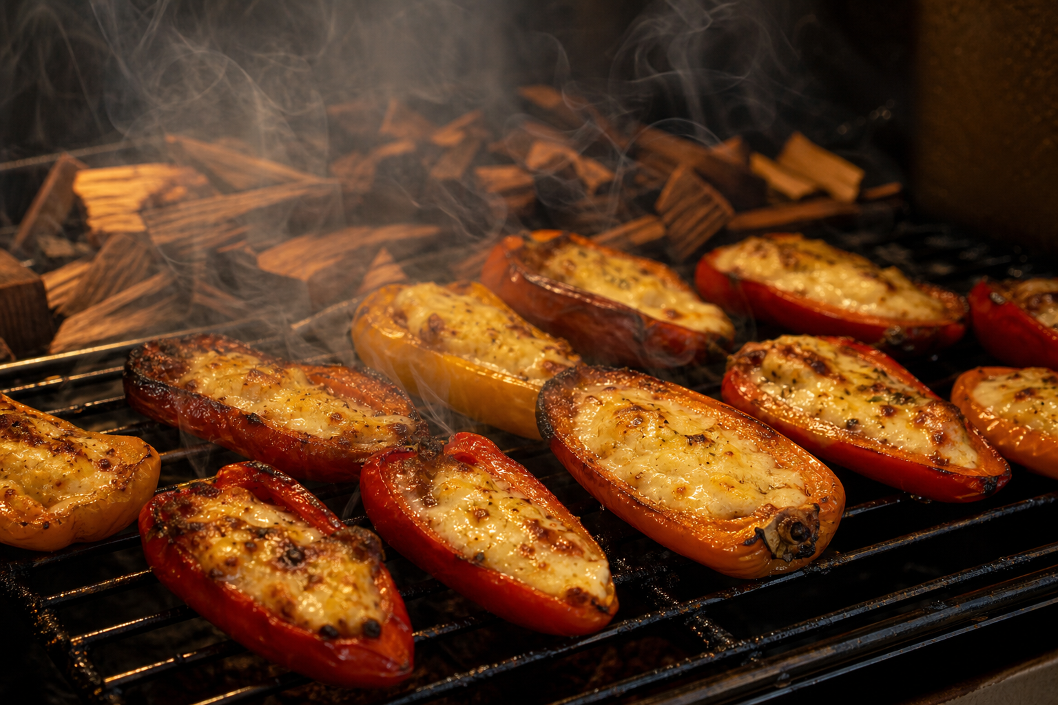 Cream cheese stuffed mini peppers smoking on a grill grate inside a smoker