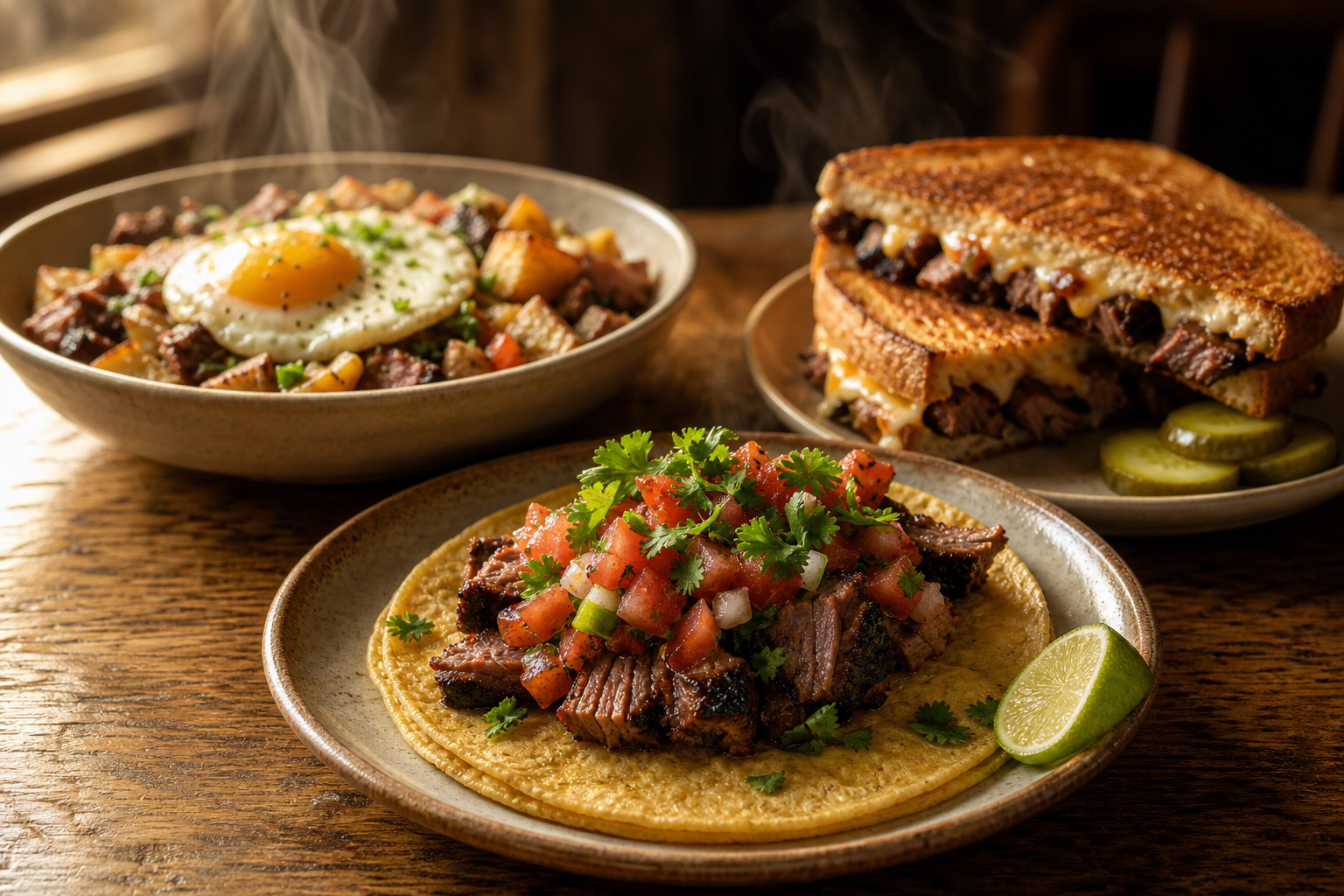 How to Use Up Smoked Meat Leftovers Instead of Wasting Them 10 Multiple leftover smoked brisket meal ideas including tacos, hash, and a sandwich arranged on a rustic wooden table
