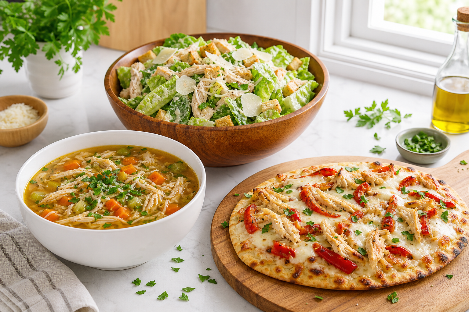 How to Use Up Smoked Meat Leftovers Instead of Wasting Them 13 Leftover smoked chicken used in soup, flatbread pizza, and Caesar salad displayed on a bright kitchen countertop