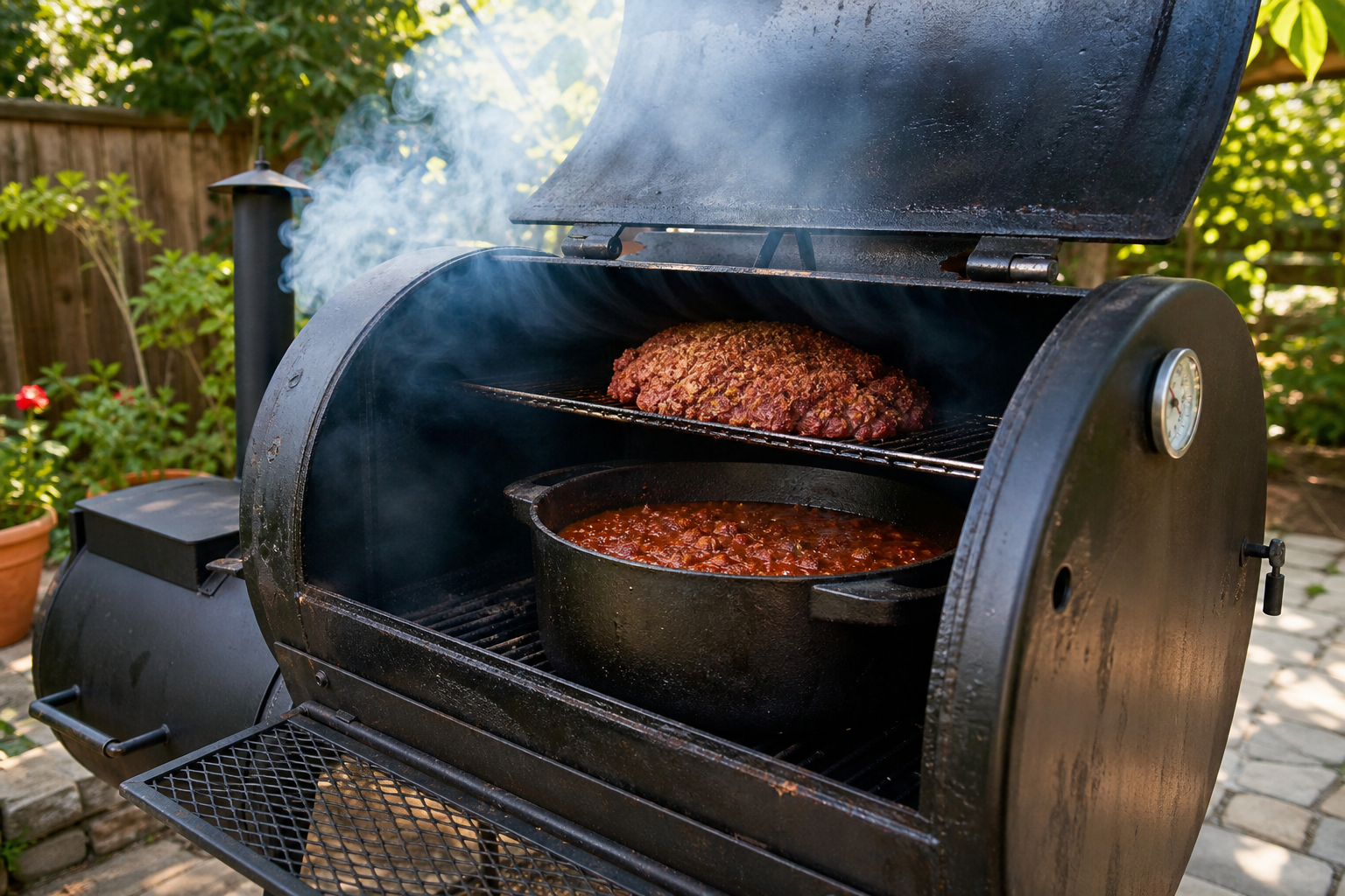 Smoked Over-the-Top Chili Using Cheap Ground Beef 12 Smoker set up outdoors with a pot of chili and ground beef cooking inside using the over-the-top method