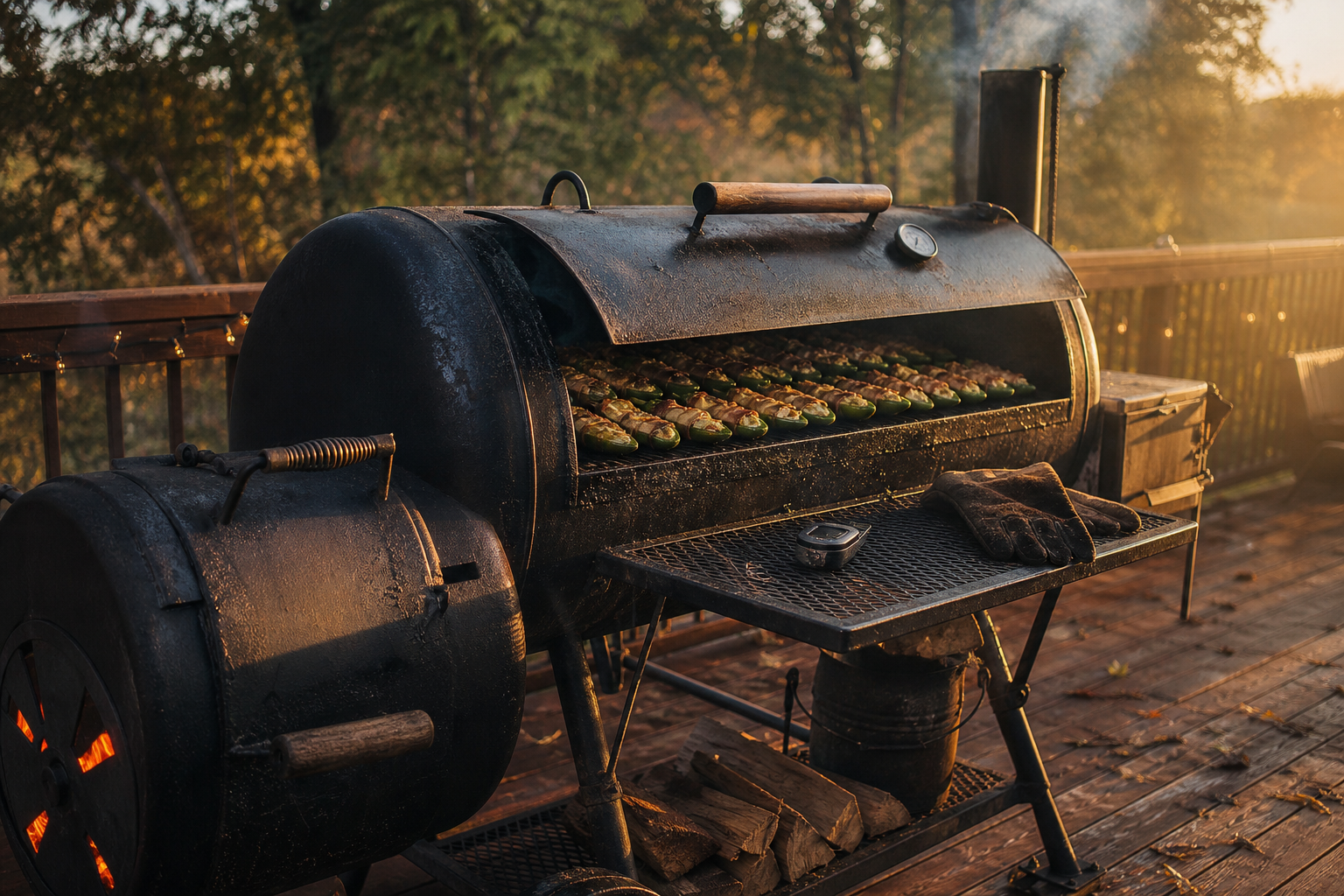 Offset barrel smoker with blue smoke rising and jalapeño poppers on the grate