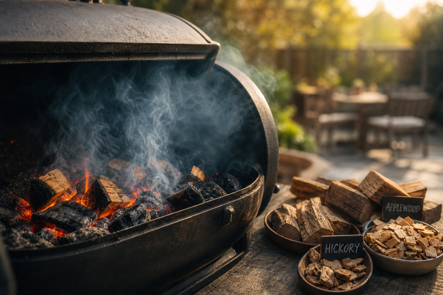 Smoked Meatloaf From Budget Ground Beef 11 Outdoor smoker with glowing coals and wood chunks producing smoke beside various wood chip varieties