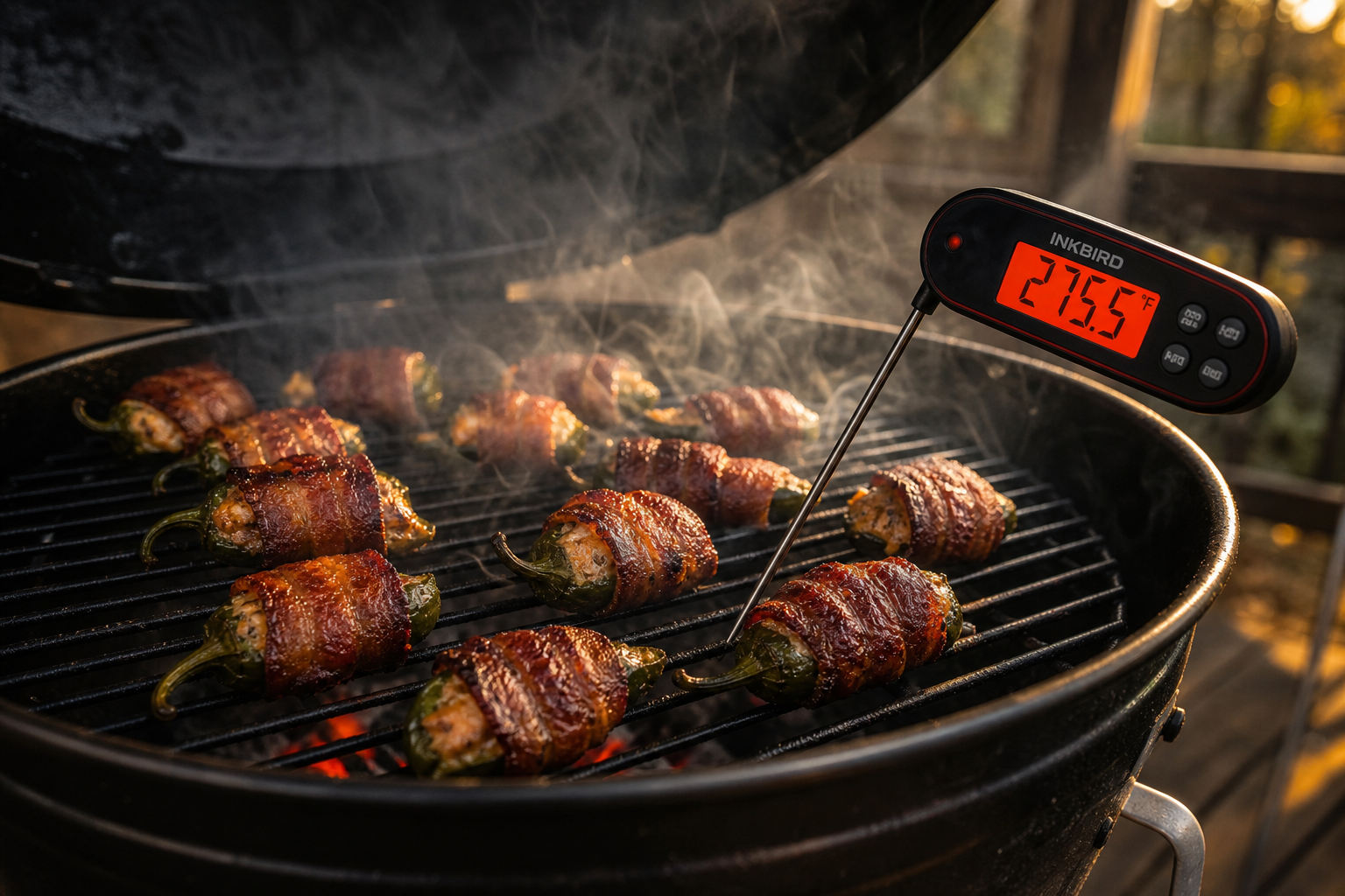 Digital thermometer monitoring smoker temperature while bacon-wrapped snacks cook on the grate