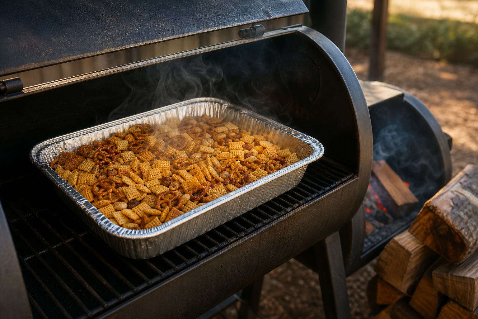 Smoked Chex Mix: An Easy Make-Ahead Party Snack 10 Aluminum pan of Chex Mix smoking inside an outdoor smoker with visible smoke wisps and wood chunks nearby