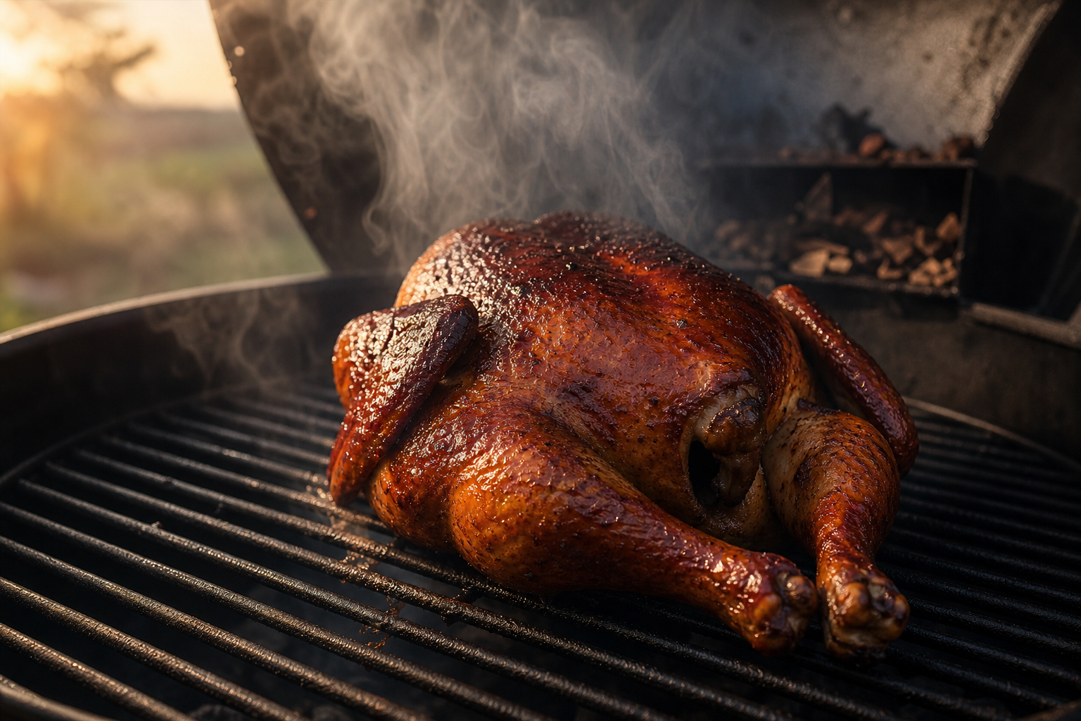Chicken Injection for Juicy, Flavorful Smoked Birds 11 Golden whole smoked chicken on smoker grates surrounded by drifting white smoke