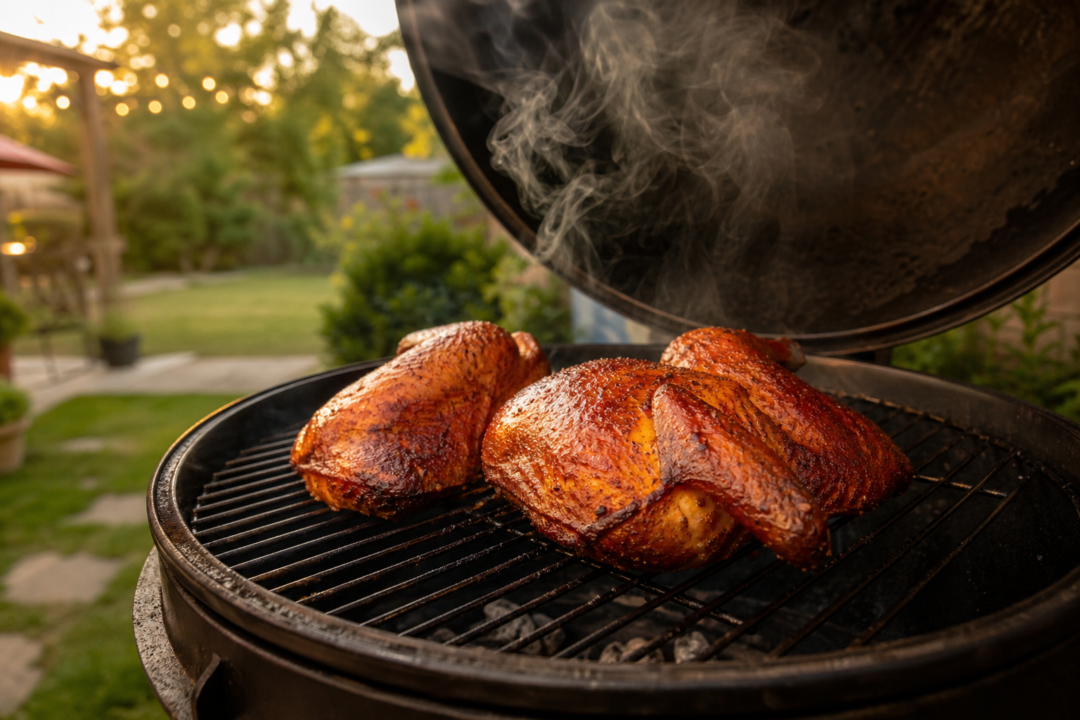Smoked Chicken Halves: A Budget Way to Feed a Crowd 11 Two smoked chicken halves with golden caramelized skin resting on smoker grates with wisps of smoke rising