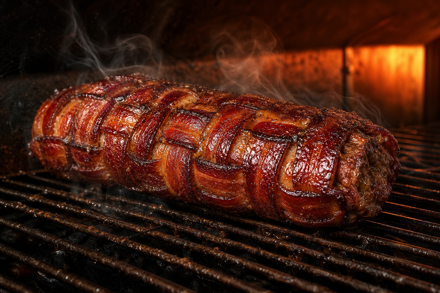 Bacon-wrapped sausage fatty smoking on a grill grate surrounded by wisps of smoke