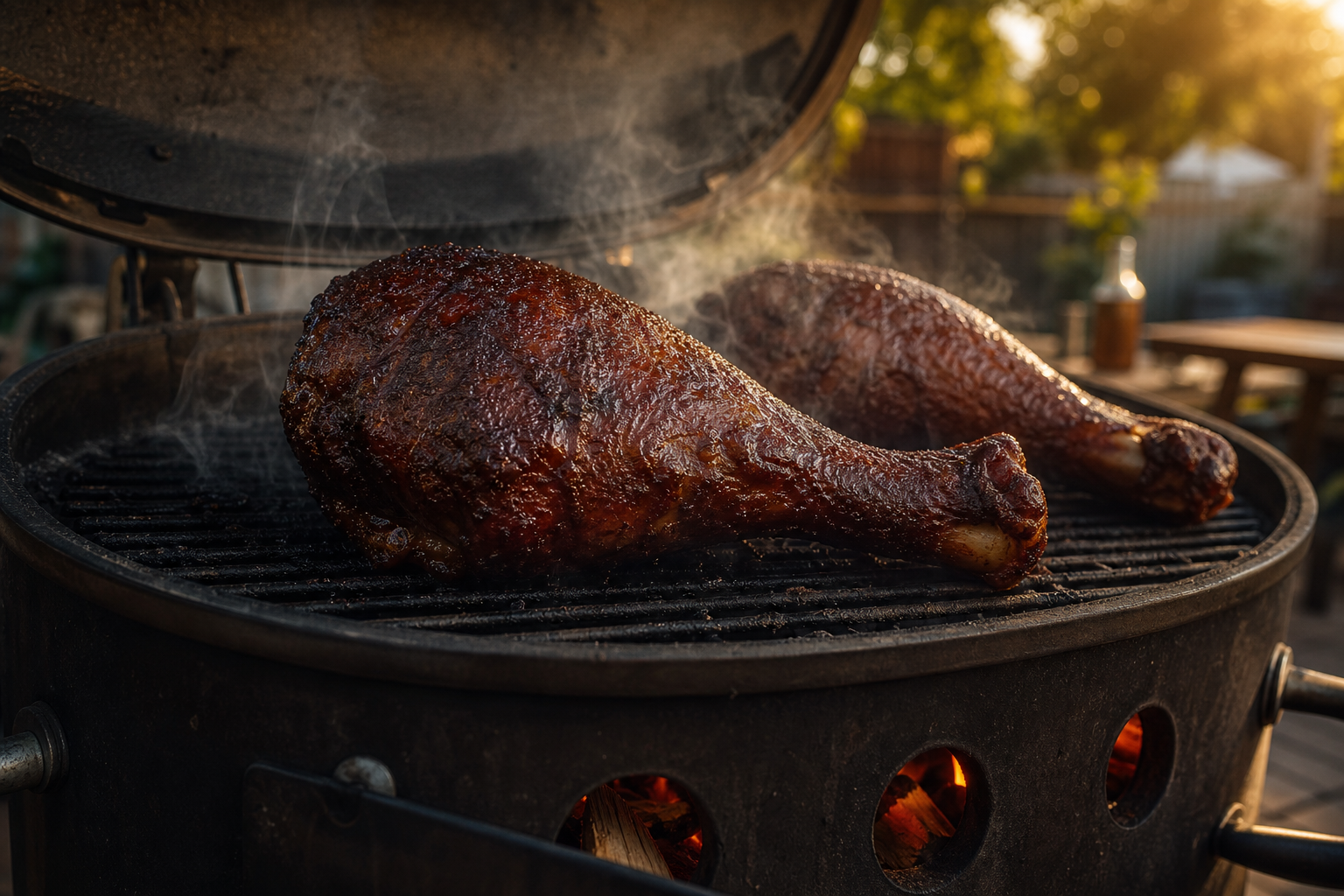 Smoked turkey legs developing a dark bark on a charcoal smoker with smoke rising around them