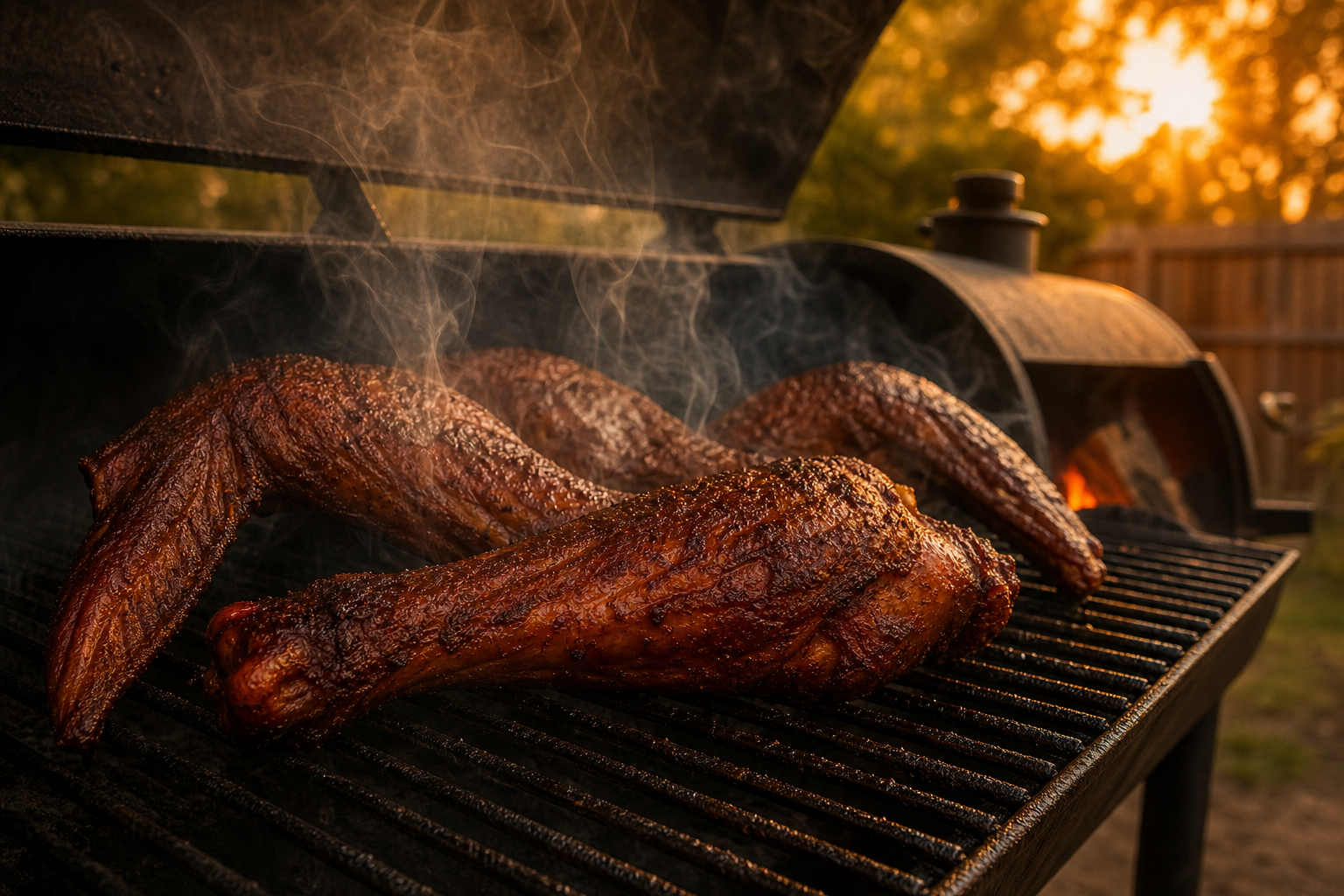 Large smoked turkey wings on smoker grates surrounded by wisps of smoke