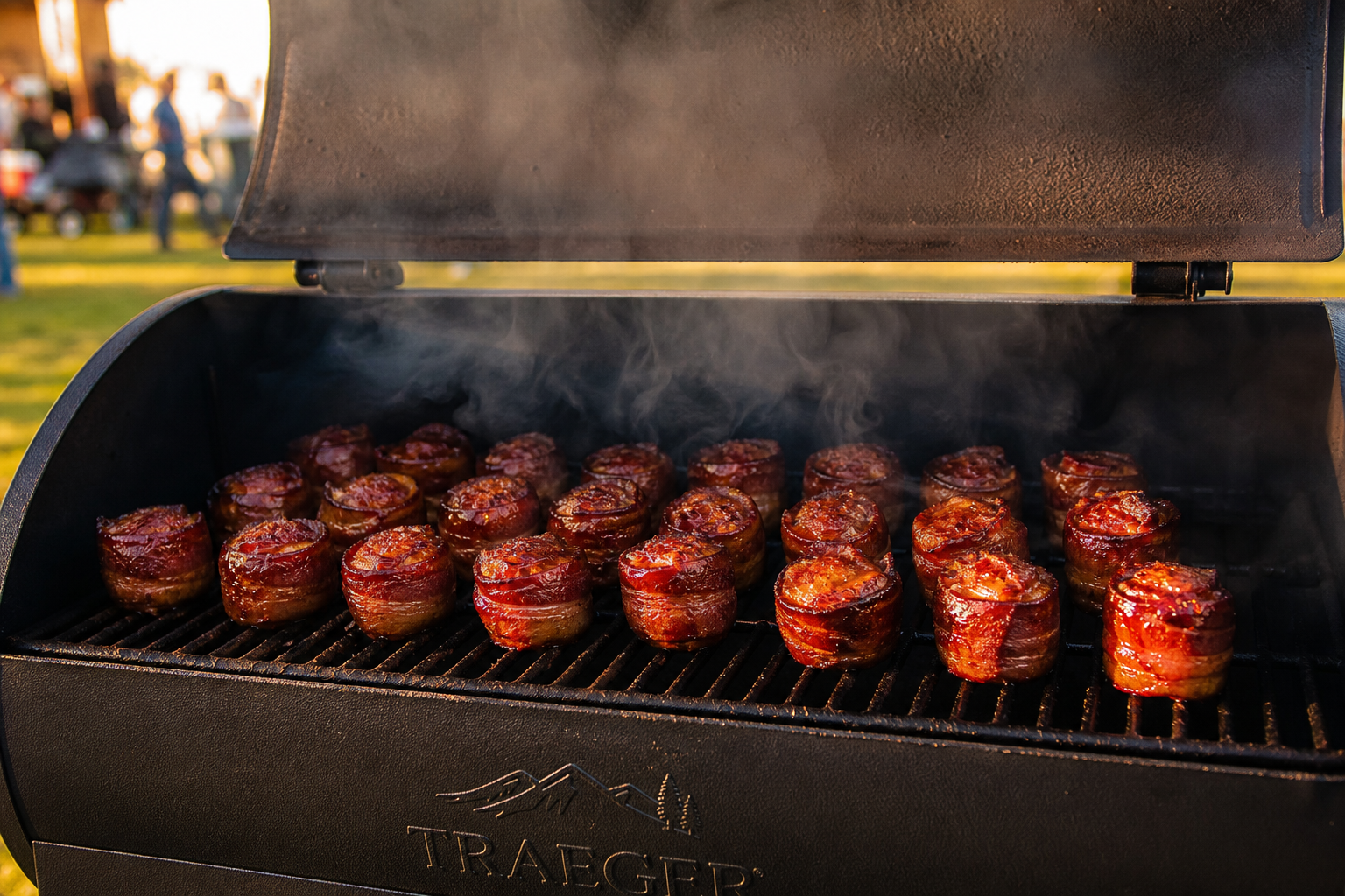 Smoked Pig Shots: The Ultimate Budget Tailgate Bite 11 Bacon-wrapped pig shots cooking on a smoker grill with wisps of smoke rising