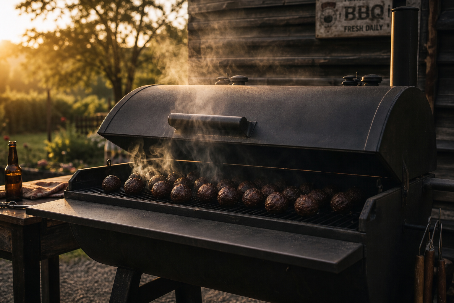 Smoked BBQ Meatballs: A Cheap Party Bite 9 Meatballs smoking on grill grates inside a charcoal smoker with wisps of smoke rising