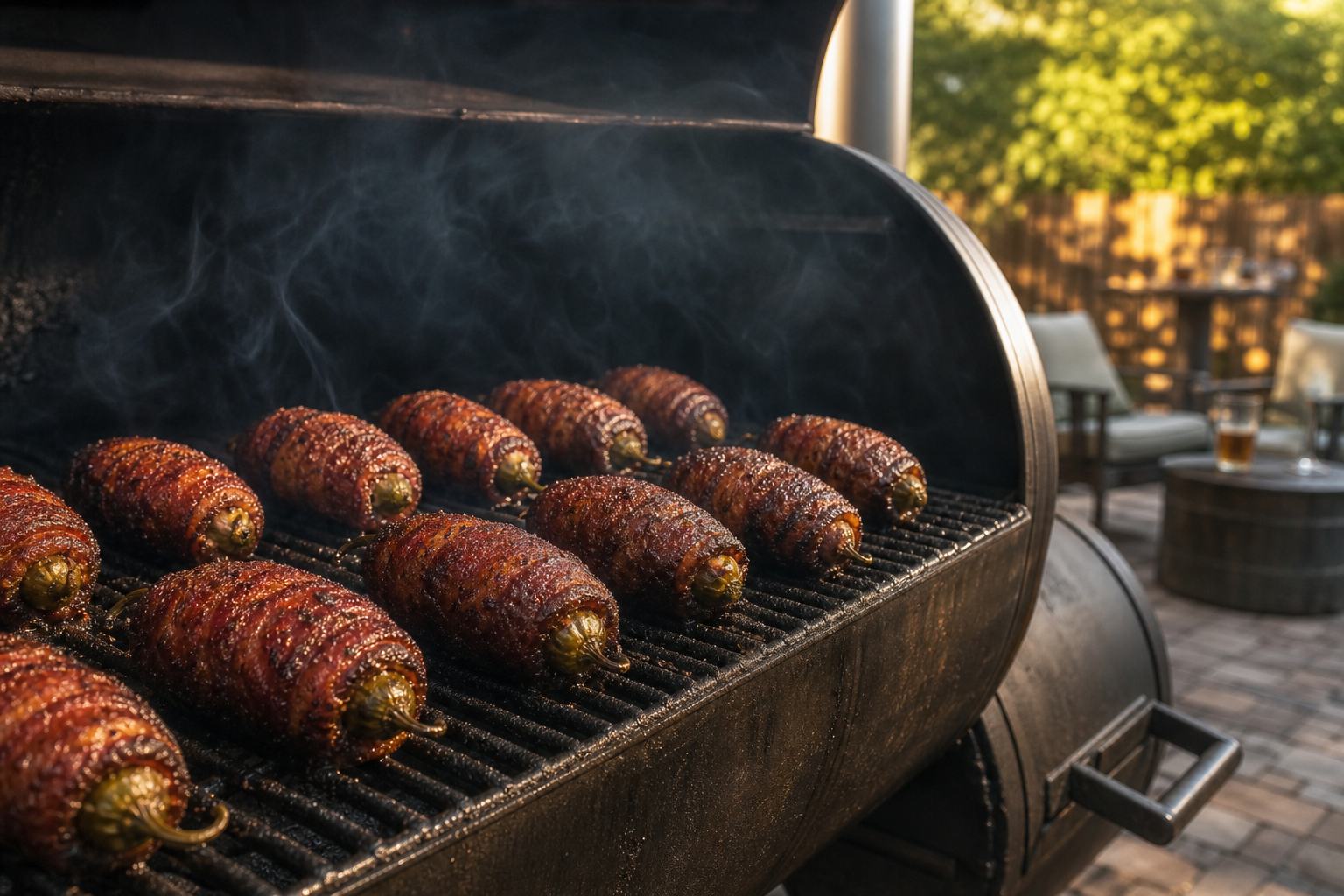 Armadillo eggs smoking on a barbecue smoker grate with wisps of smoke rising around them