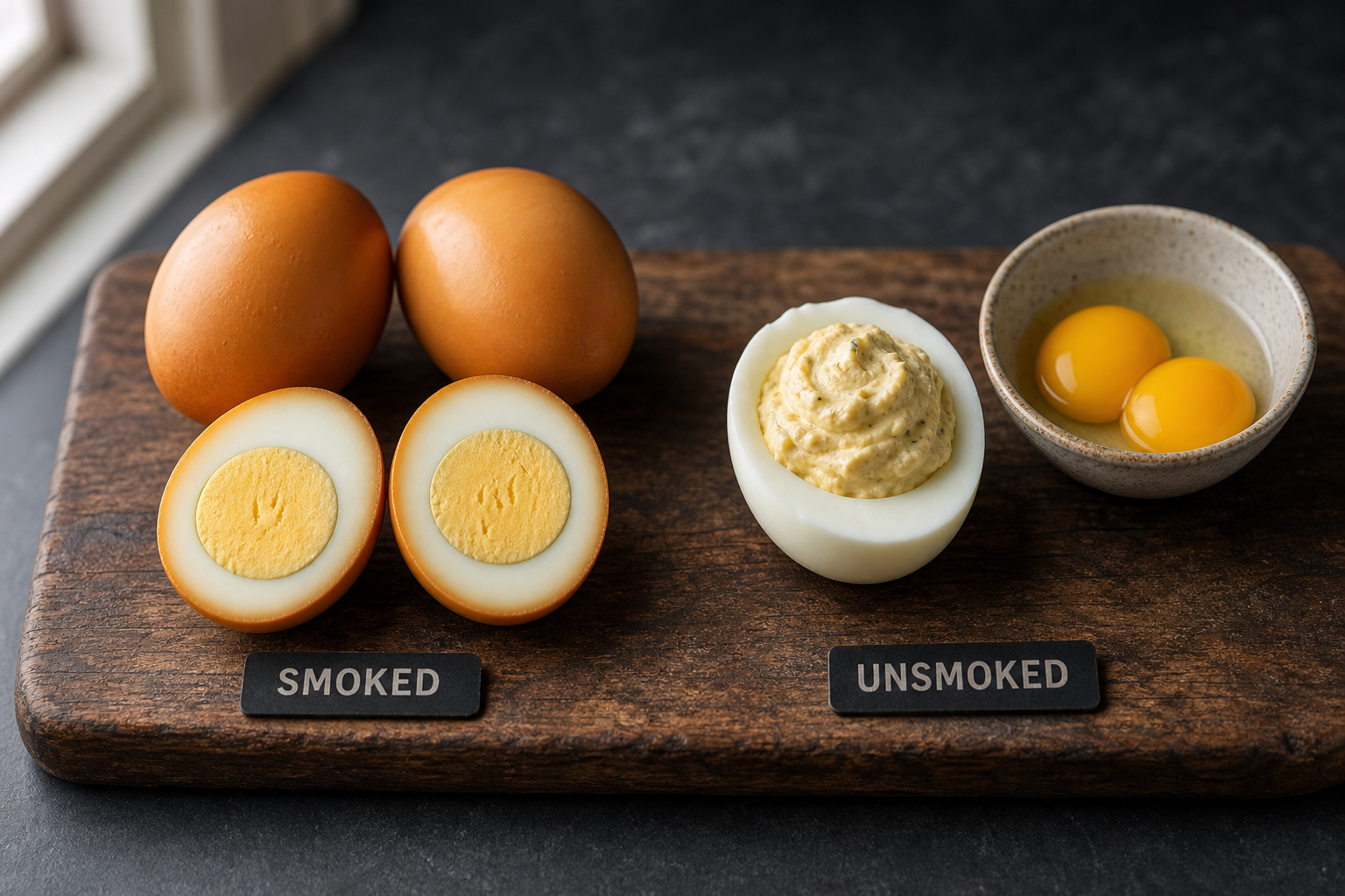 Side-by-side comparison of smoking whole eggs versus smoking just the yolks on a cutting board