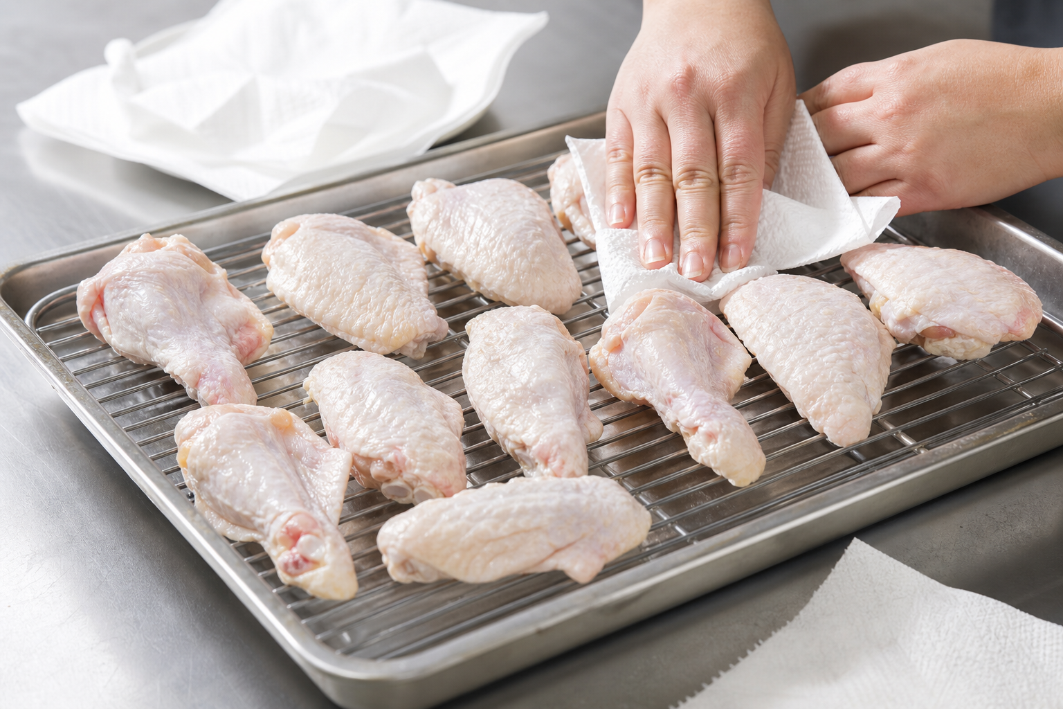 Why Your Smoked Wings Have Rubbery Skin and How to Fix It 8 Raw chicken wings being patted dry with paper towels on a wire rack before smoking