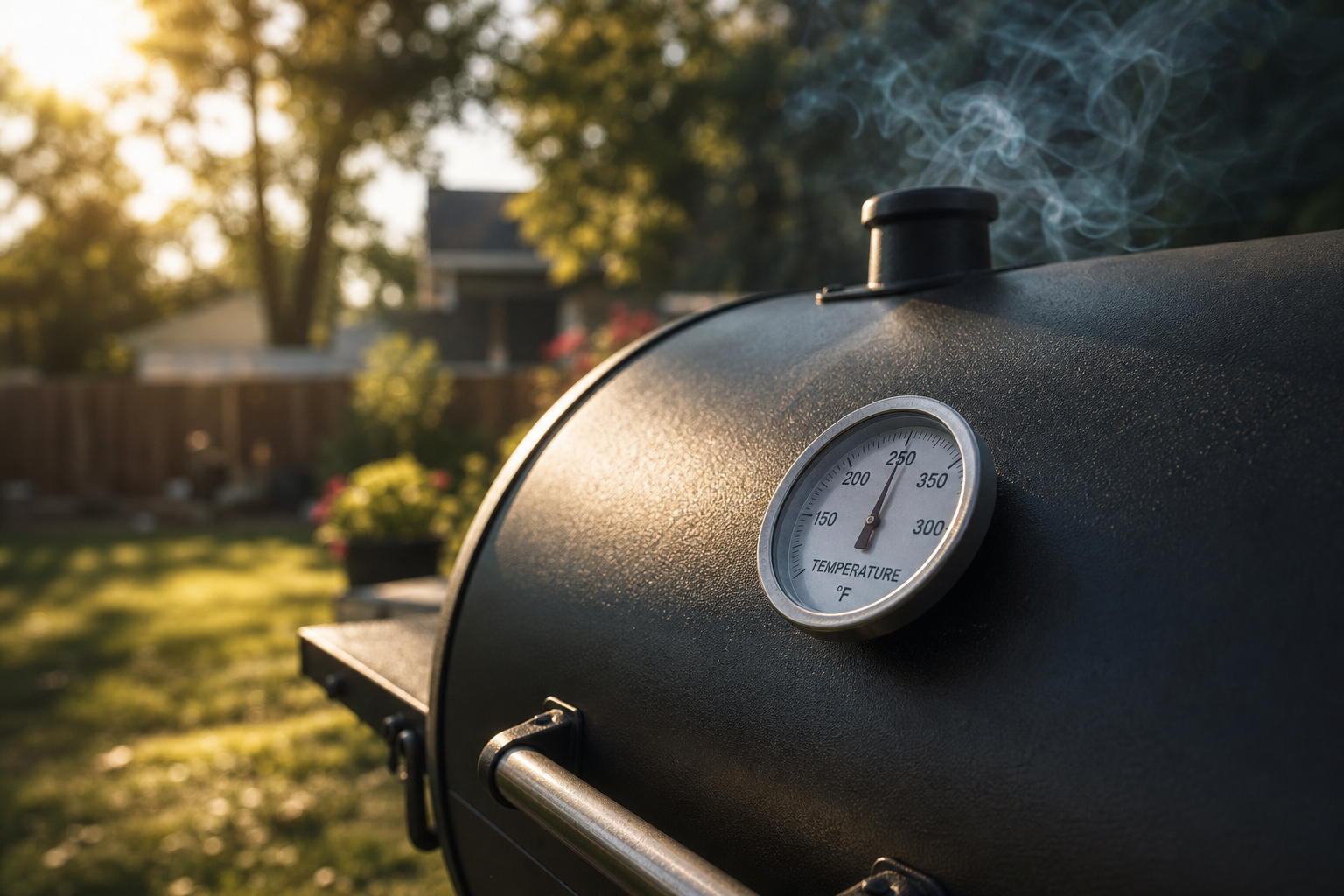 Why Your Smoked Wings Have Rubbery Skin and How to Fix It 11 Smoker thermometer showing temperature with thin blue smoke rising from the vents