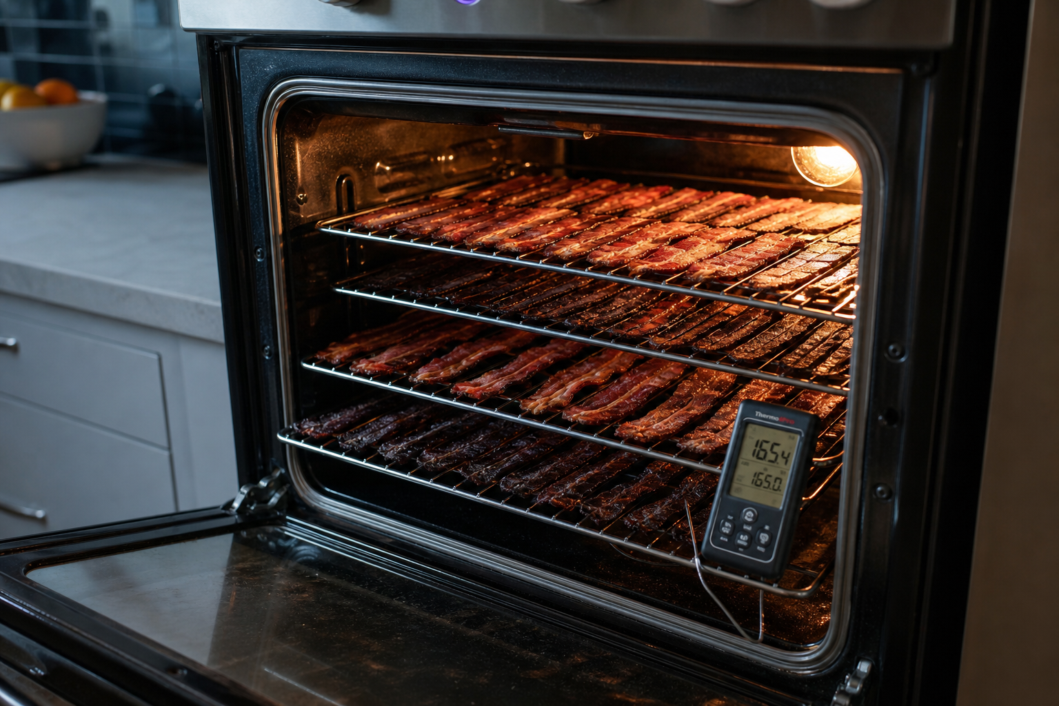 Bacon strips drying on wire racks inside a home oven with the door slightly open