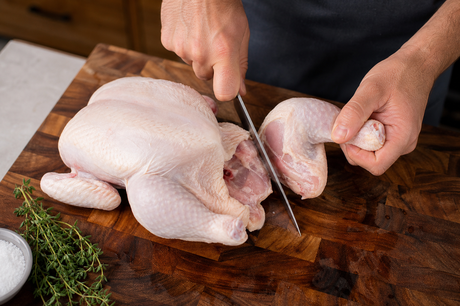 How to Break Down a Whole Chicken to Save Money 11 Hands using a chef's knife to break down a whole raw chicken on a wooden cutting board