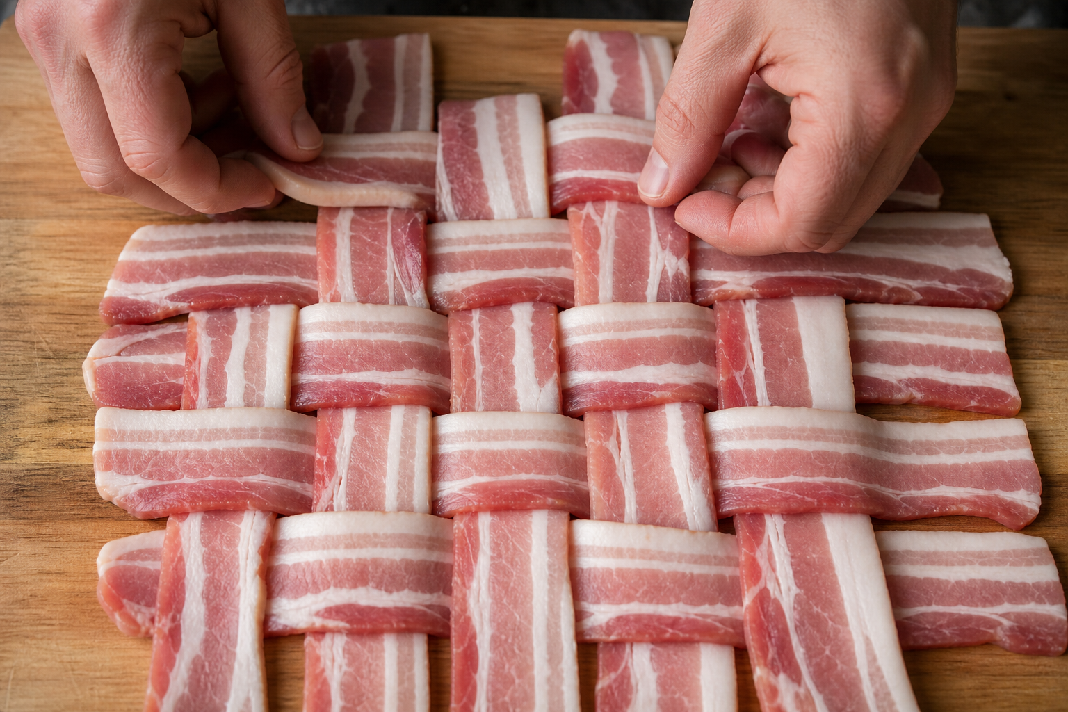 Hands weaving raw bacon strips into a lattice pattern on a wooden cutting board