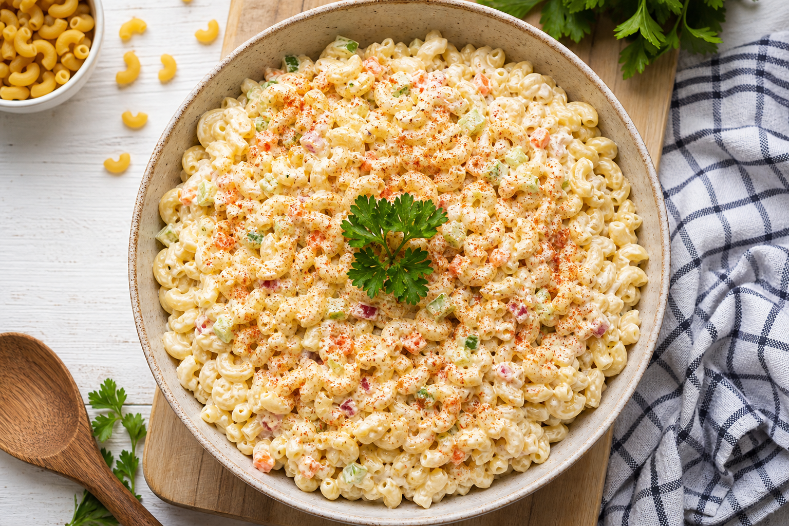 Finished classic macaroni salad in a ceramic serving bowl garnished with paprika