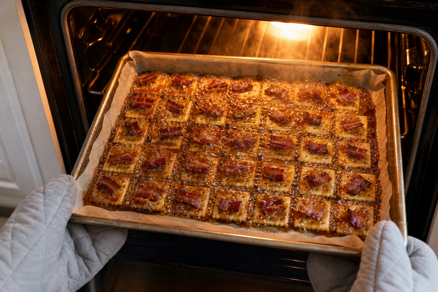 Billionaire Bacon Crackers: A Cheap Sweet-Savory Snack 11 Bacon crackers on a parchment-lined baking sheet being placed into an oven