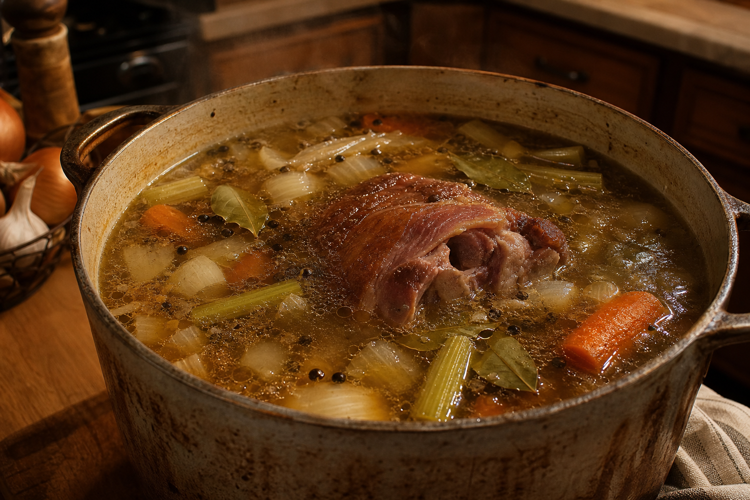 A large stockpot simmering with ham bone broth, vegetables, and aromatics on a kitchen stove