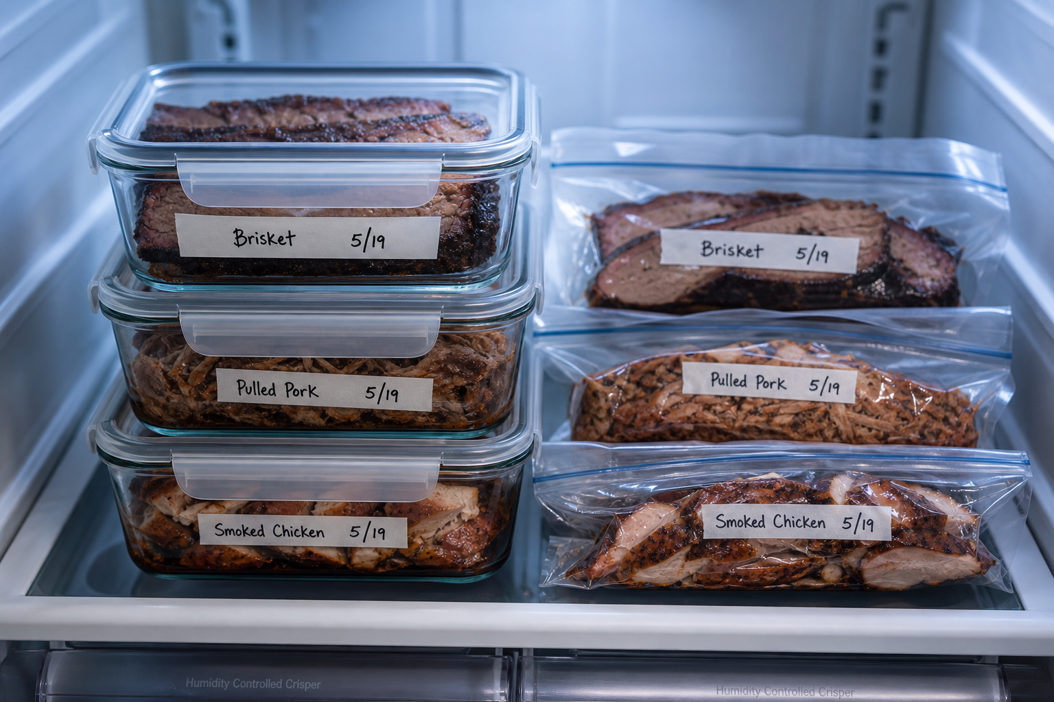 How to Use Up Smoked Meat Leftovers Instead of Wasting Them 8 Leftover smoked meats stored in labeled airtight glass containers and vacuum sealed bags on a refrigerator shelf