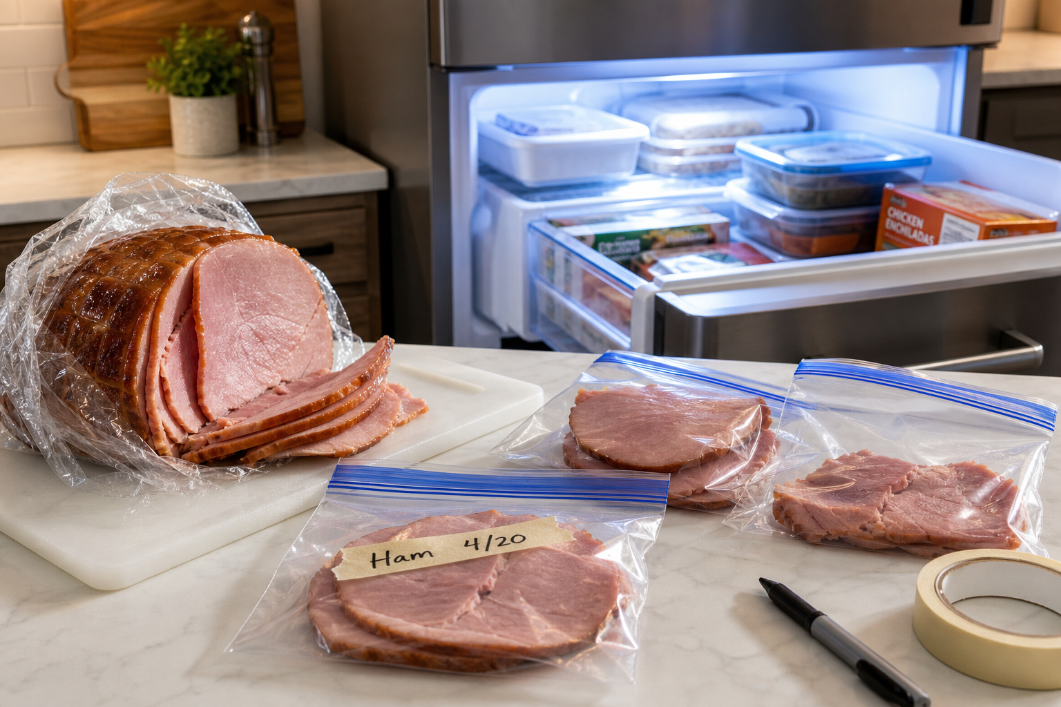Sliced leftover ham being portioned and sealed into labeled freezer bags near an open freezer drawer