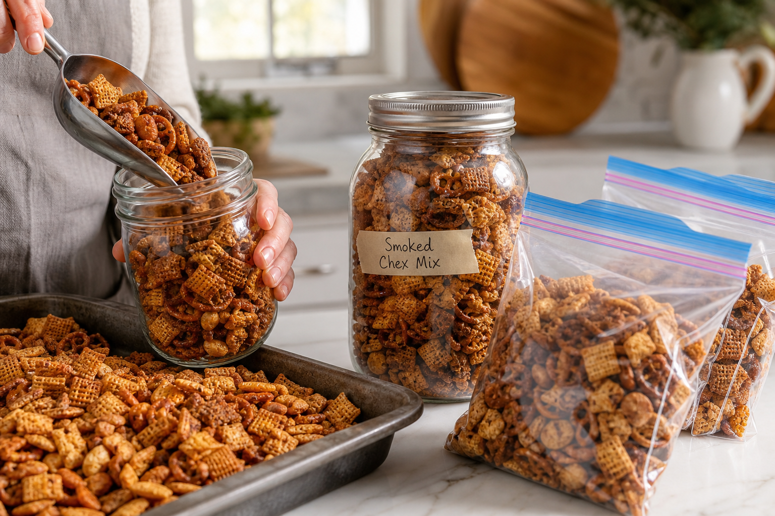 Smoked Chex Mix: An Easy Make-Ahead Party Snack 12 Smoked Chex Mix being stored in glass mason jars and zip-lock bags on a white kitchen counter