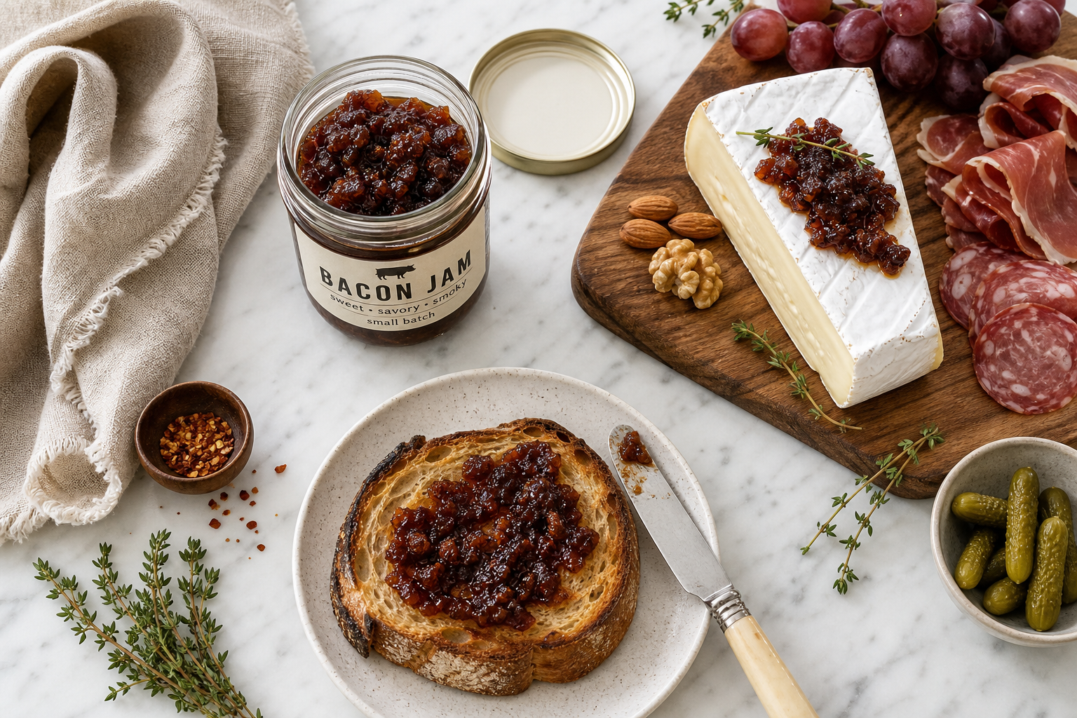 Mason jar of bacon jam with toast and cheese on a marble surface