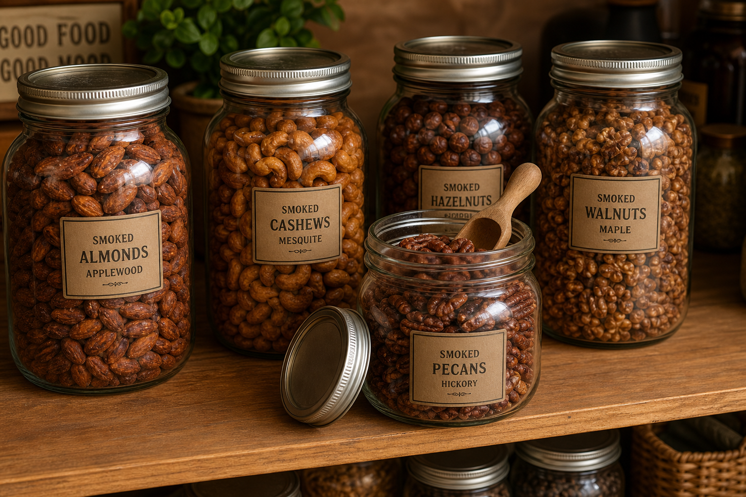Smoked Nuts: A Cheap Snack From Leftover Smoker Heat 14 Glass mason jars filled with bulk smoked nuts stored on a wooden pantry shelf