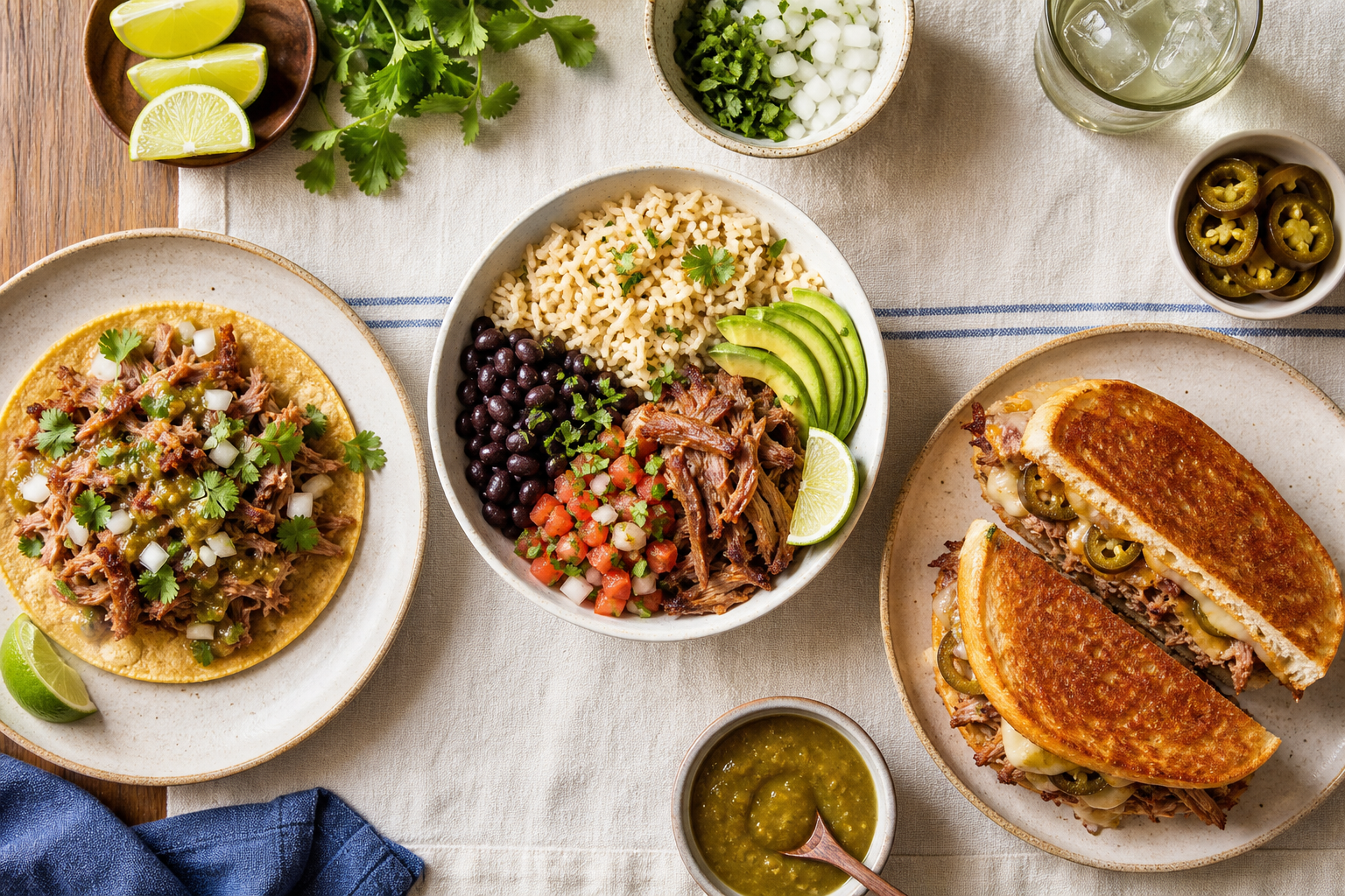 Smoked Pork Carnitas From a Cheap Pork Shoulder 11 Three different meals made from smoked pork carnitas displayed on a wooden table in an overhead flat lay