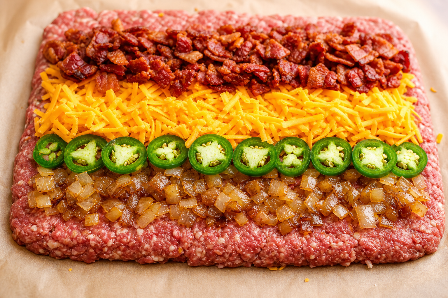 Ground sausage laid flat and topped with cheese, peppers, and bacon filling ingredients