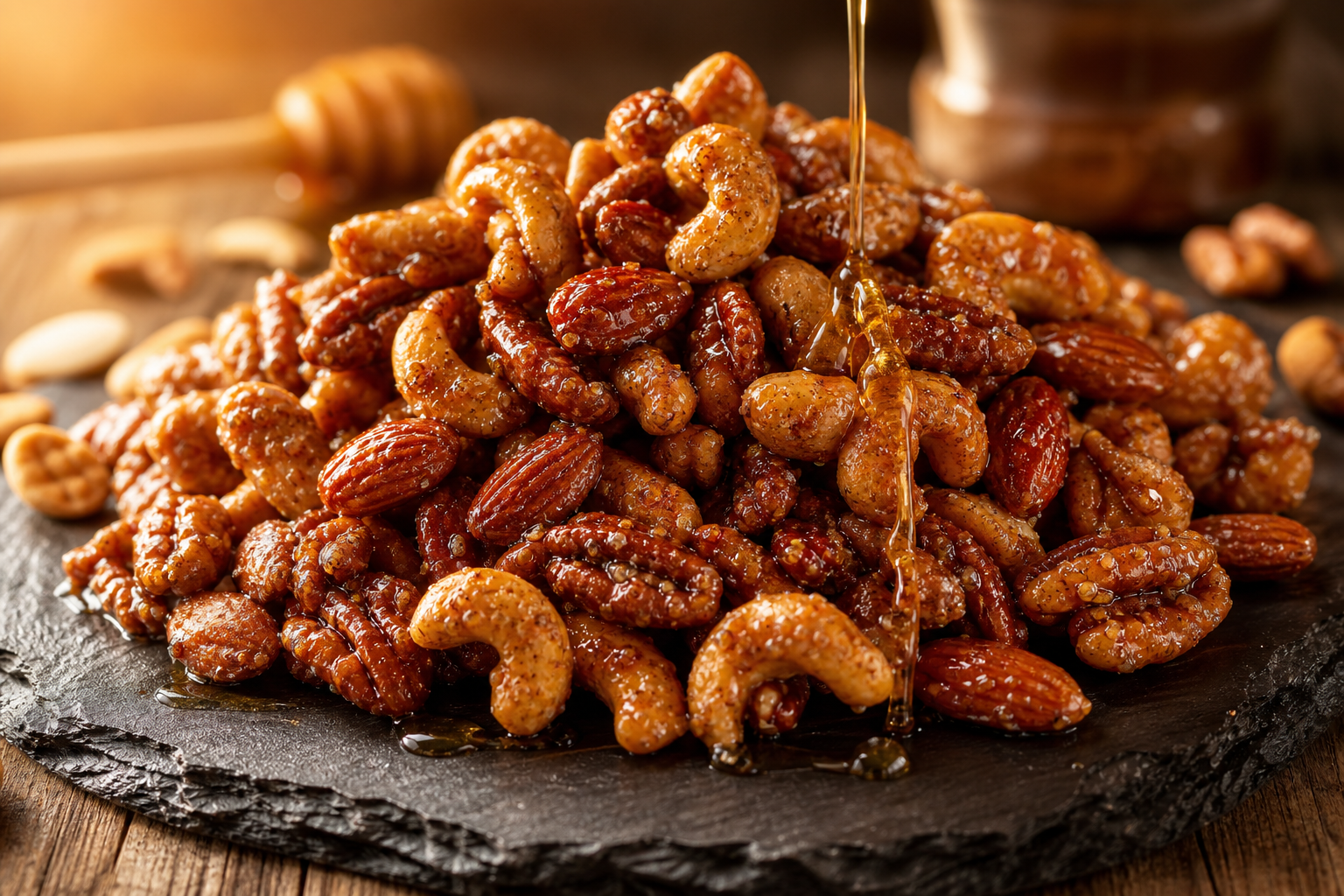 Smoked Nuts: A Cheap Snack From Leftover Smoker Heat 11 Glossy honey and caramel coated sweet smoked mixed nuts on a slate board