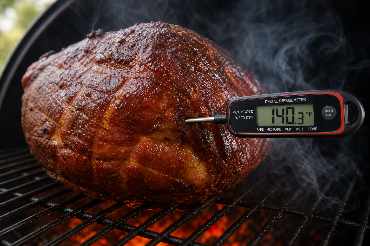 How to Double-Smoke a Pre-Cooked Ham or Roast for More Flavor 11 Digital meat thermometer inserted into a smoked ham on smoker grates showing internal temperature