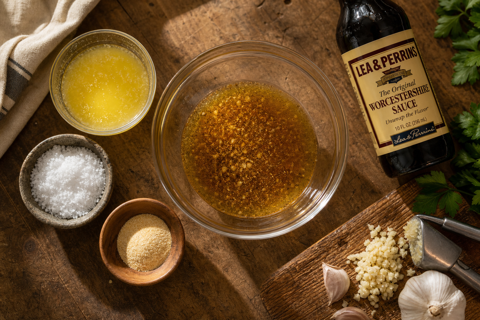 Chicken Injection for Juicy, Flavorful Smoked Birds 8 Bowl of golden chicken injection marinade surrounded by ingredients on a wooden countertop