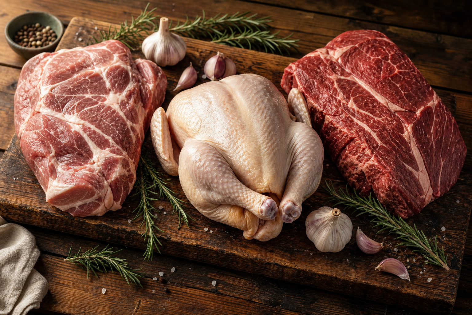 The Best Cheap Cuts to Inject for Big Flavor 8 Raw budget-friendly meat cuts including pork shoulder, chicken, and beef chuck on a wooden butcher block