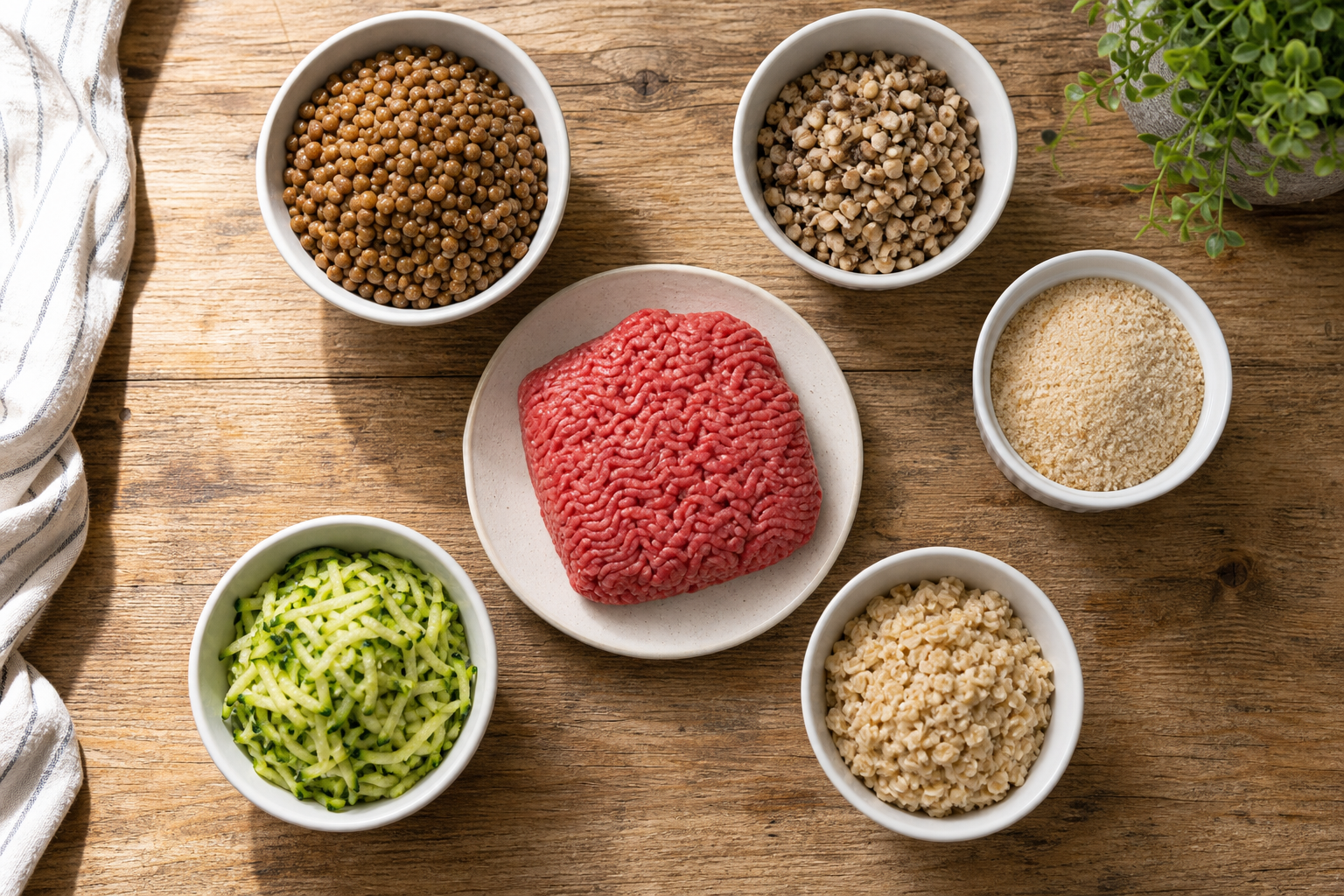 Assorted ground beef extenders including lentils, mushrooms, breadcrumbs, oats, and zucchini arranged in small bowls on a wooden surface