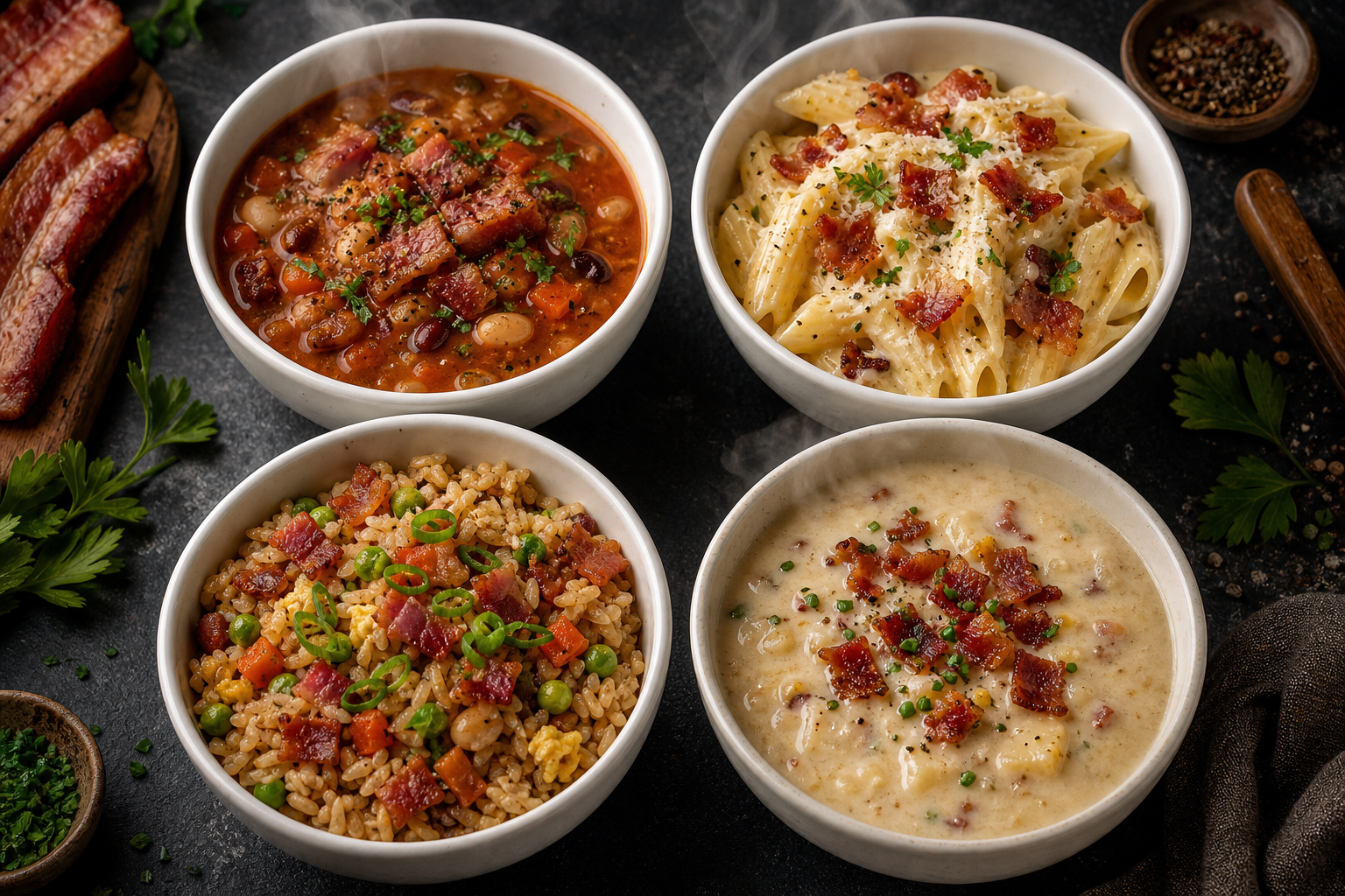 How to Buy Bacon Ends and Pieces to Save on Bacon 7 Four different cooked dishes made with bacon ends and pieces arranged in ceramic bowls