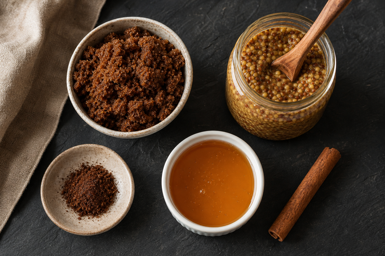 Brown sugar, mustard, and spice ingredients for ham glaze arranged on a dark surface