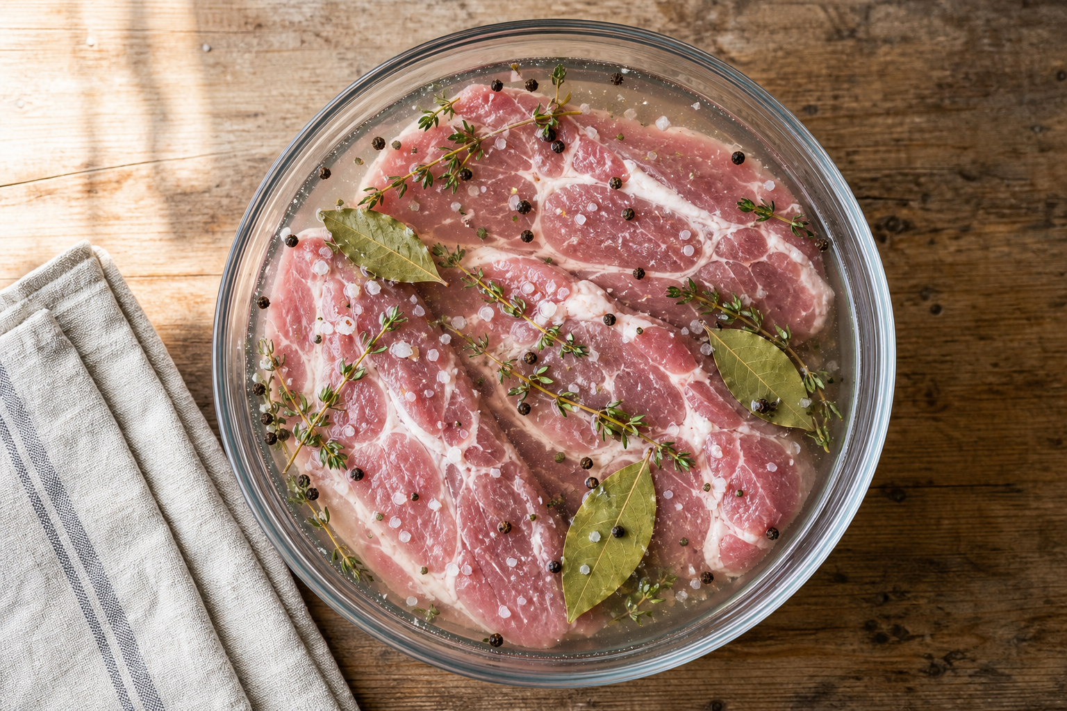 How to Cook a Pork Steak So It's Tender, Not Tough 14 Raw pork shoulder steaks submerged in a clear herb and salt brine in a glass bowl on a wooden countertop