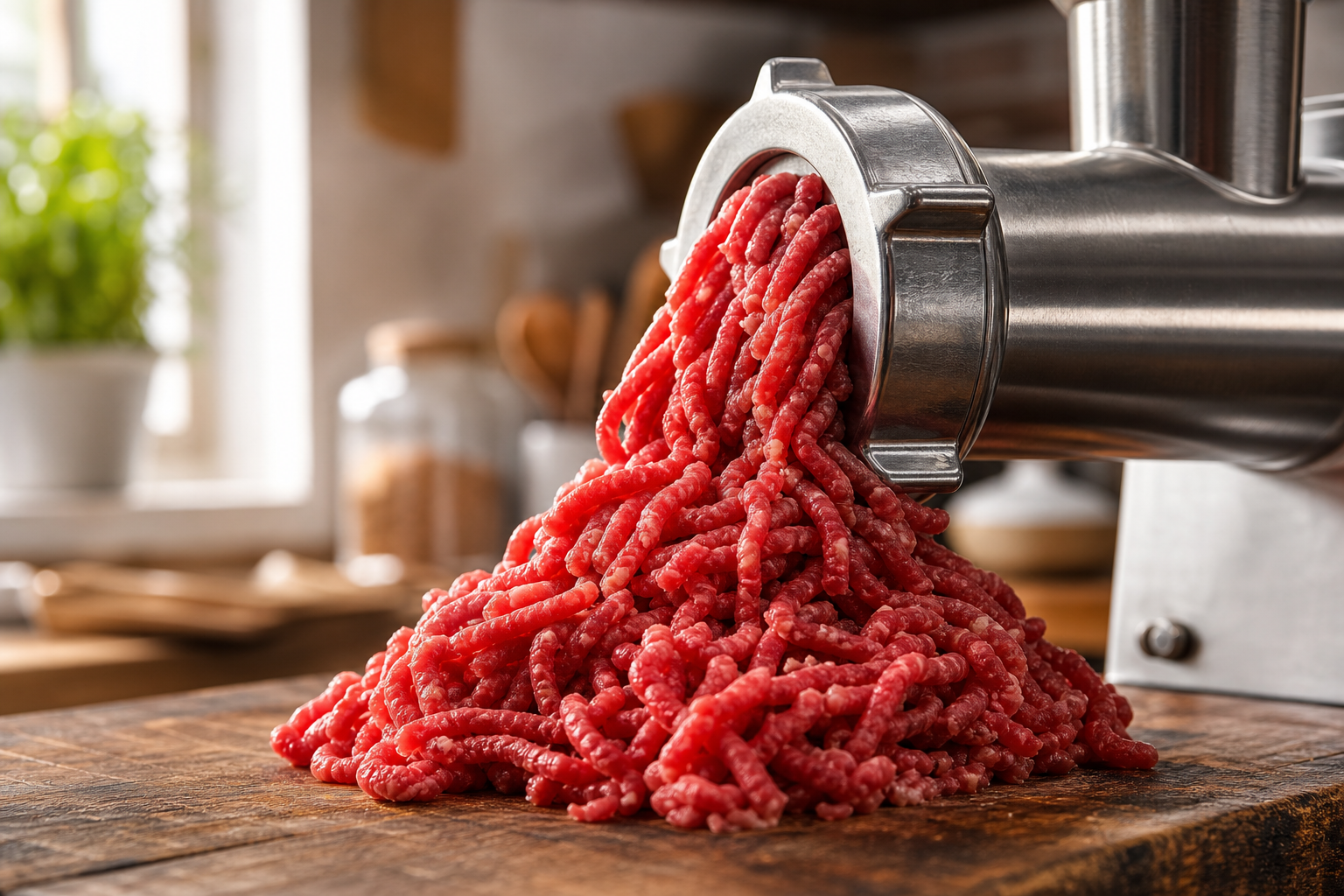 Fresh ground beef coming out of a stainless steel meat grinder on a wooden butcher block